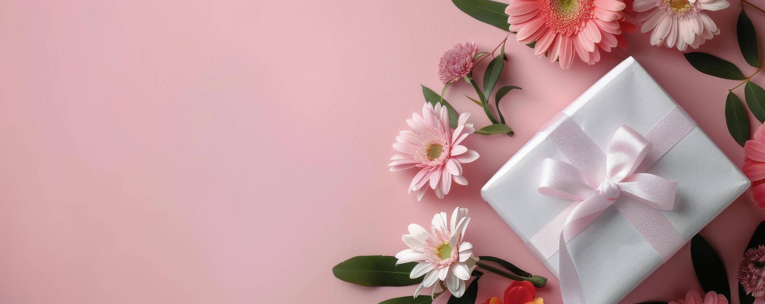 Gift Wrapped Package Surrounded by Colorful Flowers on a Pink Background photo