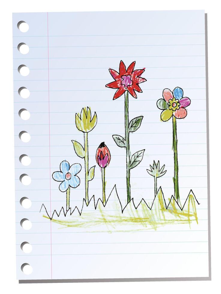 Flowers drawn by a child on a piece of notebook paper vector
