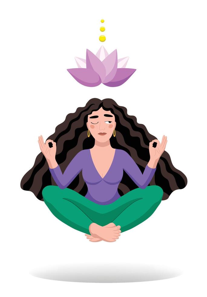 Meditation. Yogi girl meditates on a white background with lotus vector