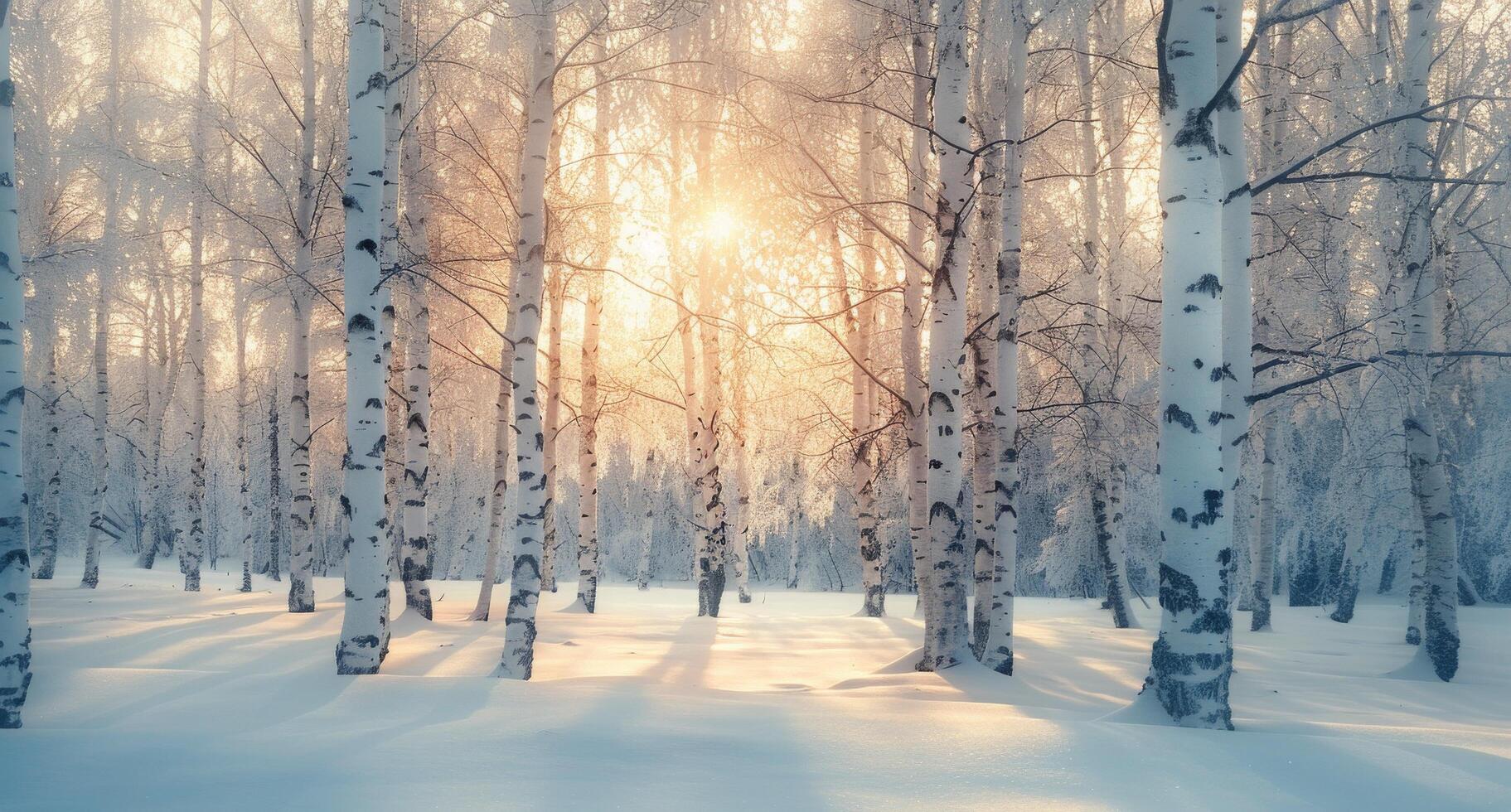 Winter Sunrise in Birch Forest With Snow-Covered Ground photo