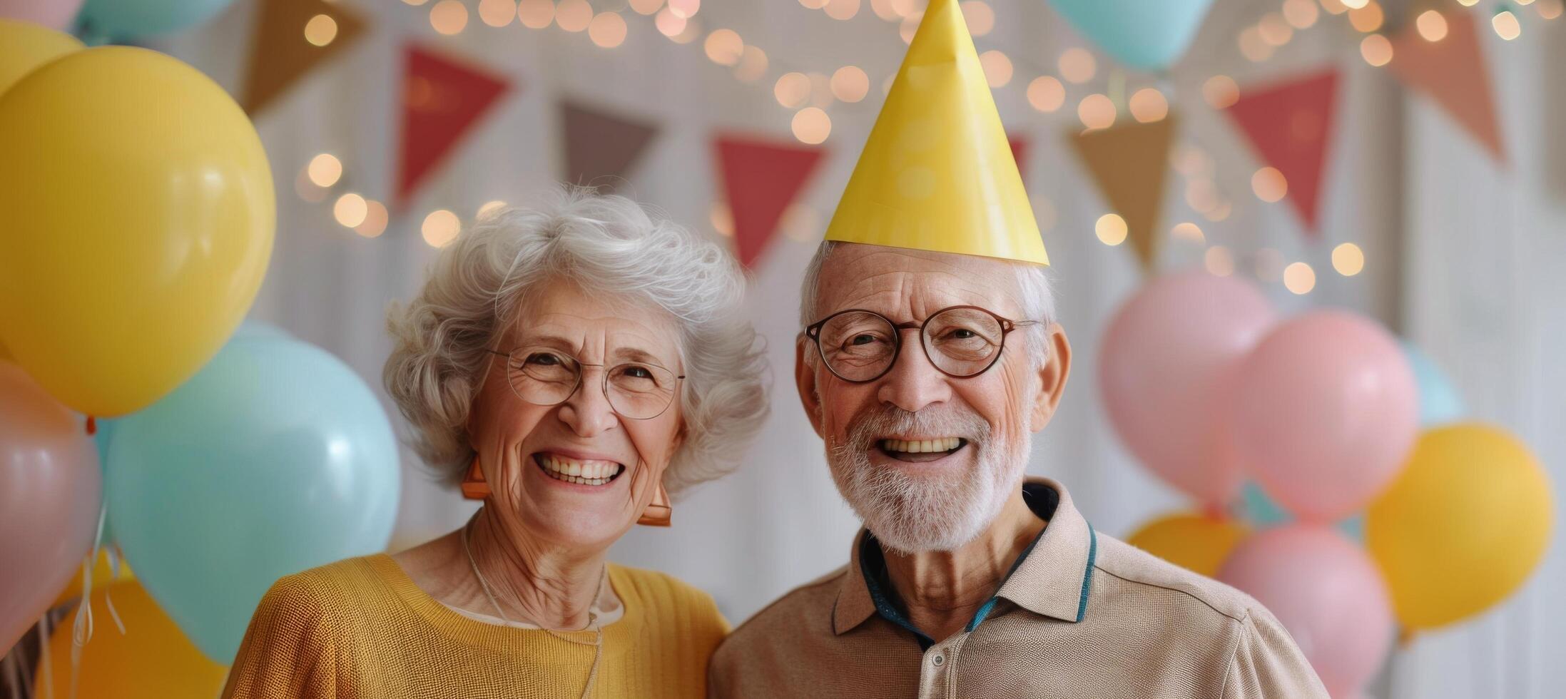 Happy Elderly Couple Celebrating Birthday With Balloons in Festive Room photo