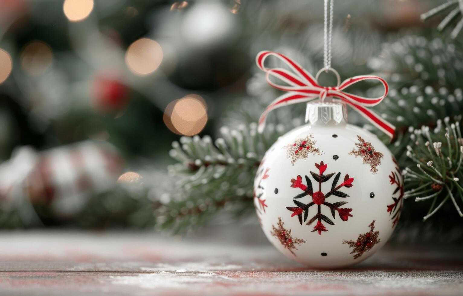 Delicate White Christmas Ornament Hanging From Evergreen Branch With Snowy Background photo