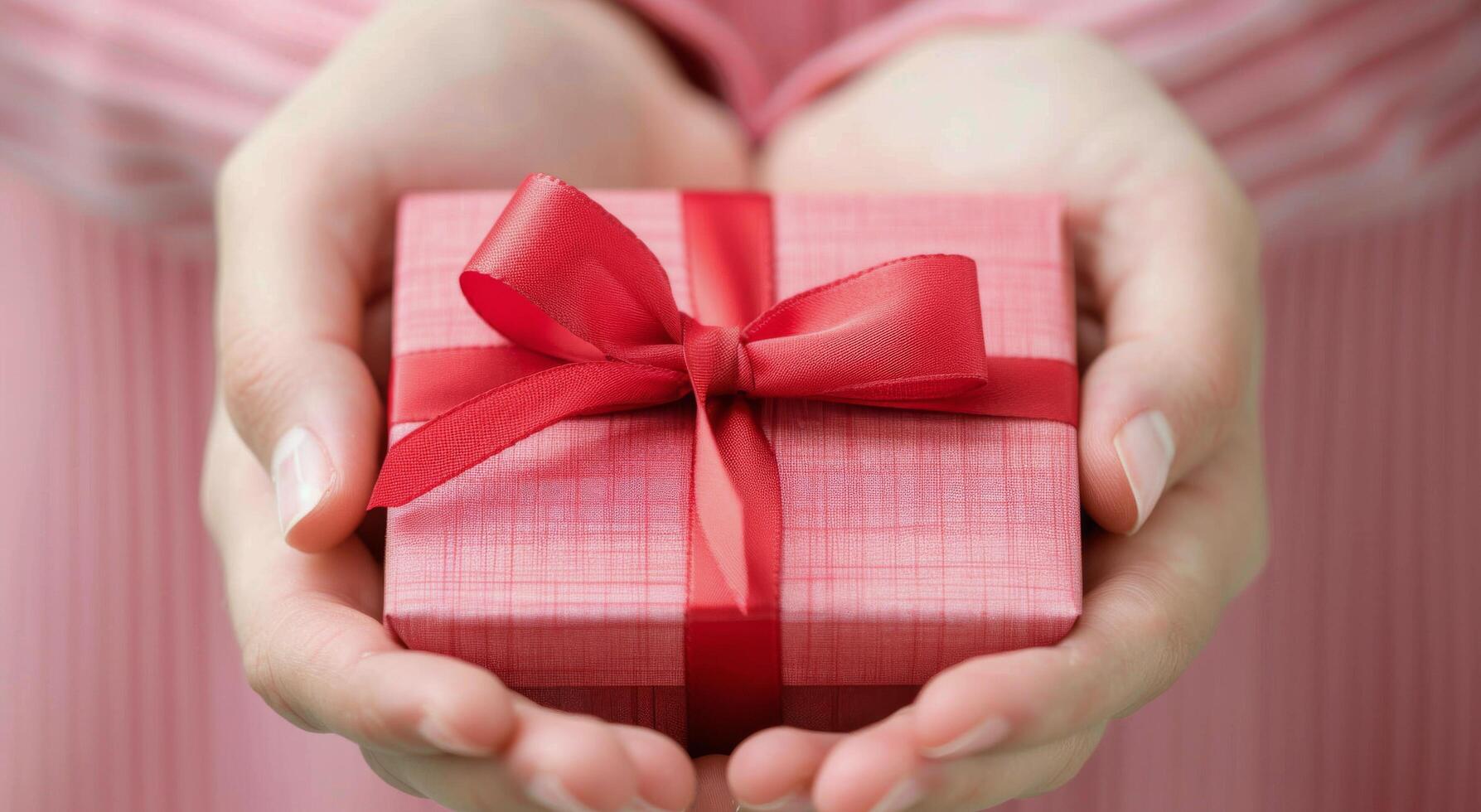 Gift Wrapped in Pink Ribbon Presented by Hands in Soft Light photo