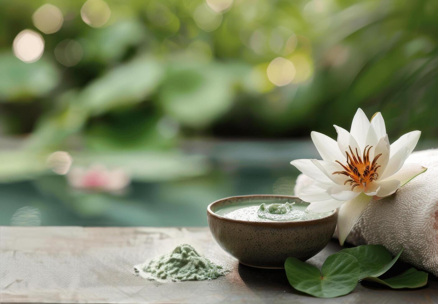 Natural Spa Treatment With Green Clay Mask and Lotus Flower Near Tranquil Water photo