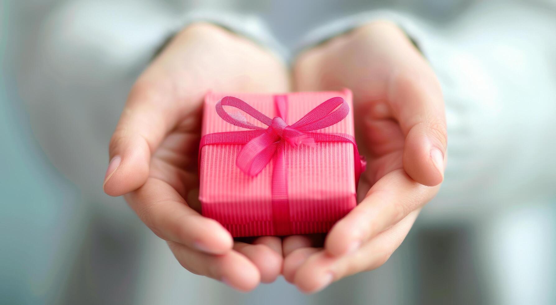 Gift Wrapped in Pink Ribbon Presented by Hands in Soft Light photo