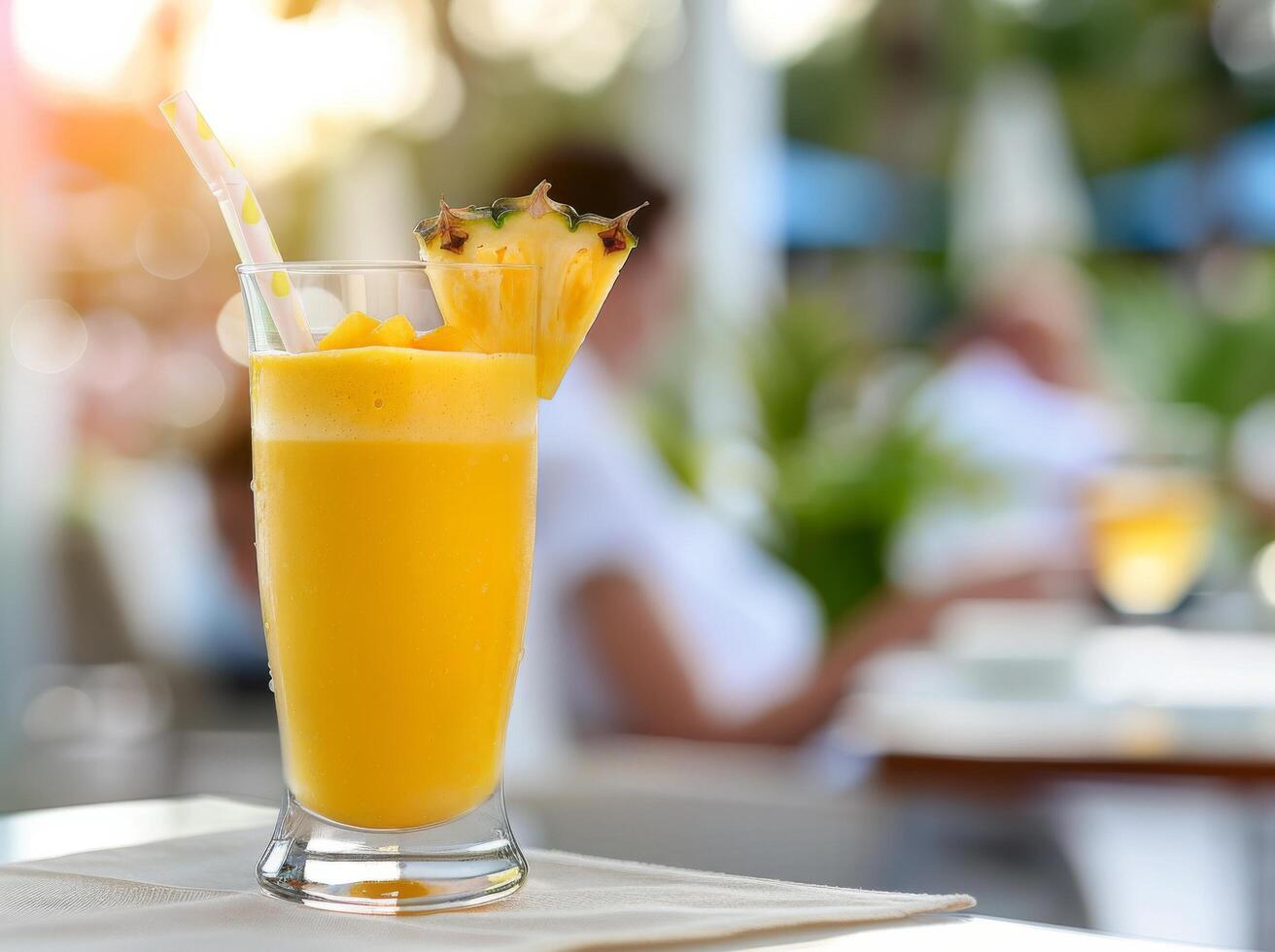 Refreshing Pineapple Smoothie on a Sunny Day at a Relaxing Outdoor Cafe photo
