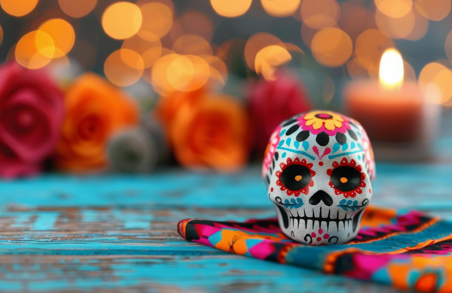 Colorful Sugar Skull With Flowers and Candle on a Decorative Fabric Background photo