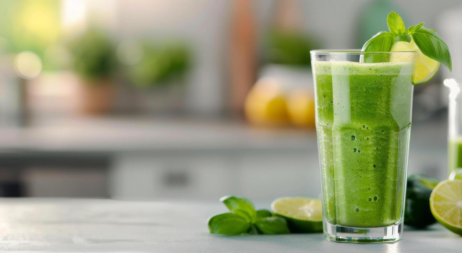 Refreshing Green Smoothie With Lime and Basil on Kitchen Counter photo