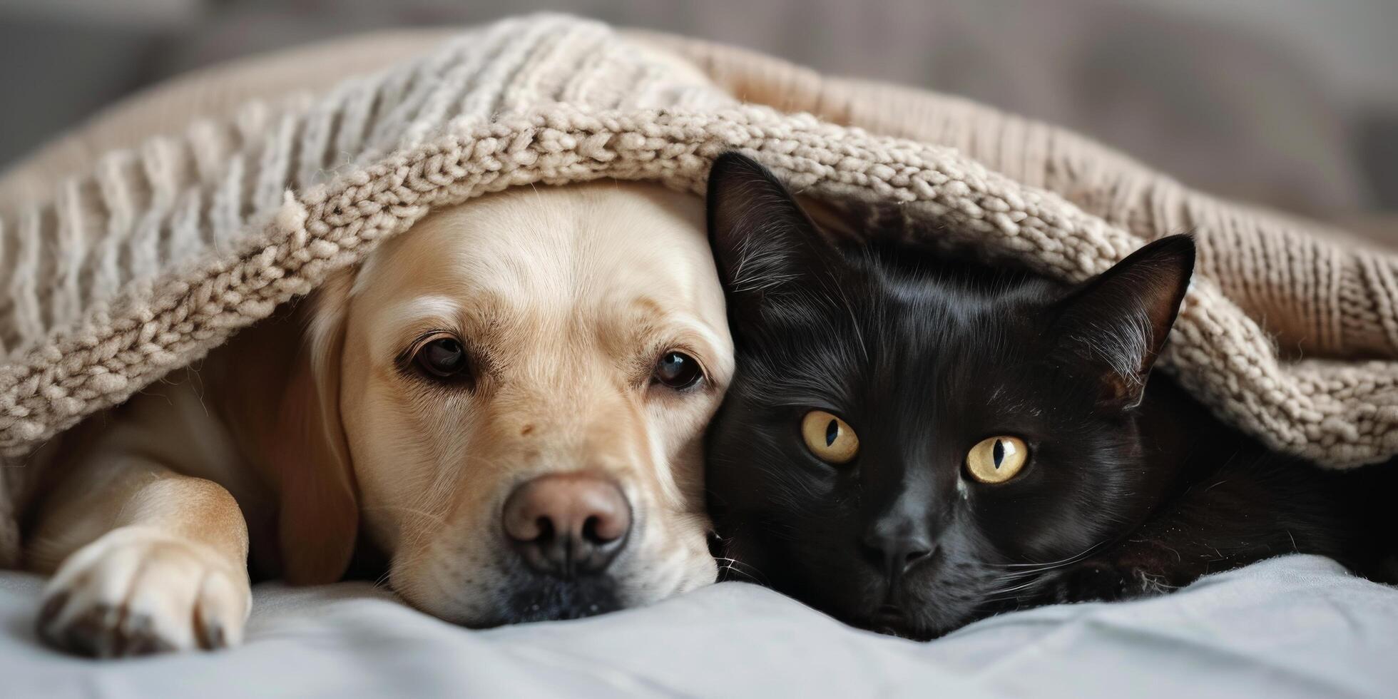 Cozy Black Dog and Gray Cat Snuggling Under a Soft Blanket at Home photo