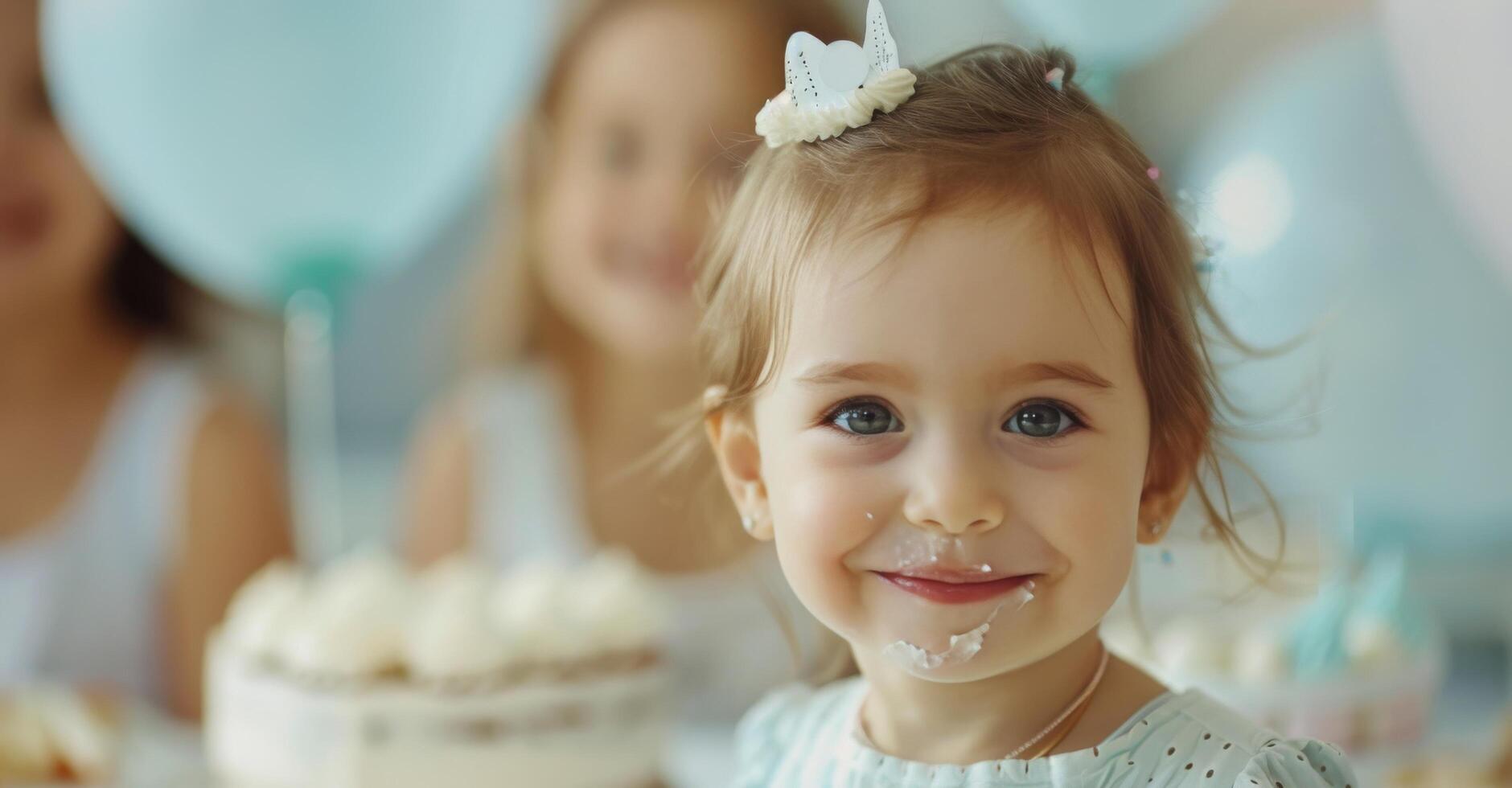 Delighted Toddler at a Birthday Celebration Surrounded by Balloons and Cake photo