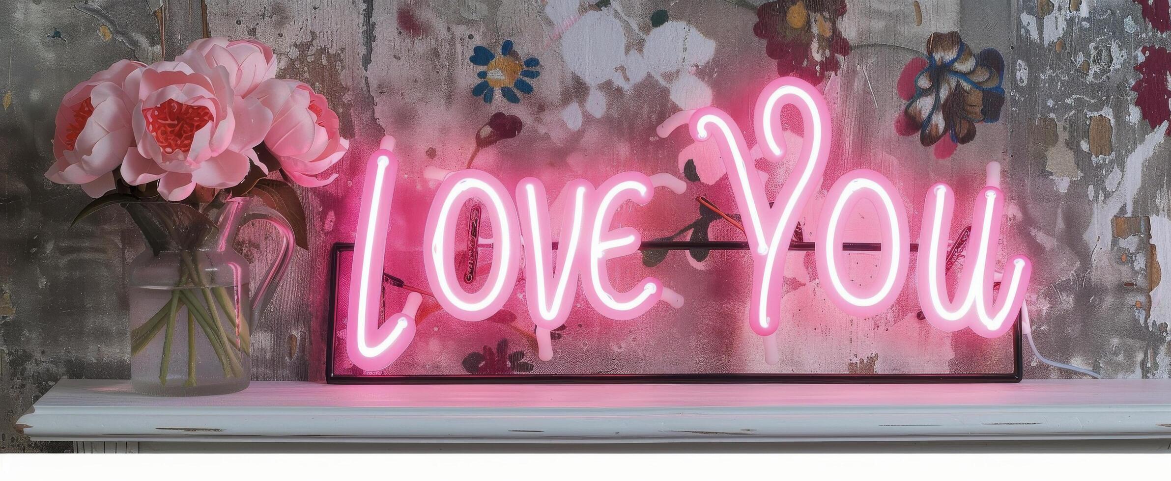 Neon Love You Sign With Pink Flowers Against Rustic Background photo