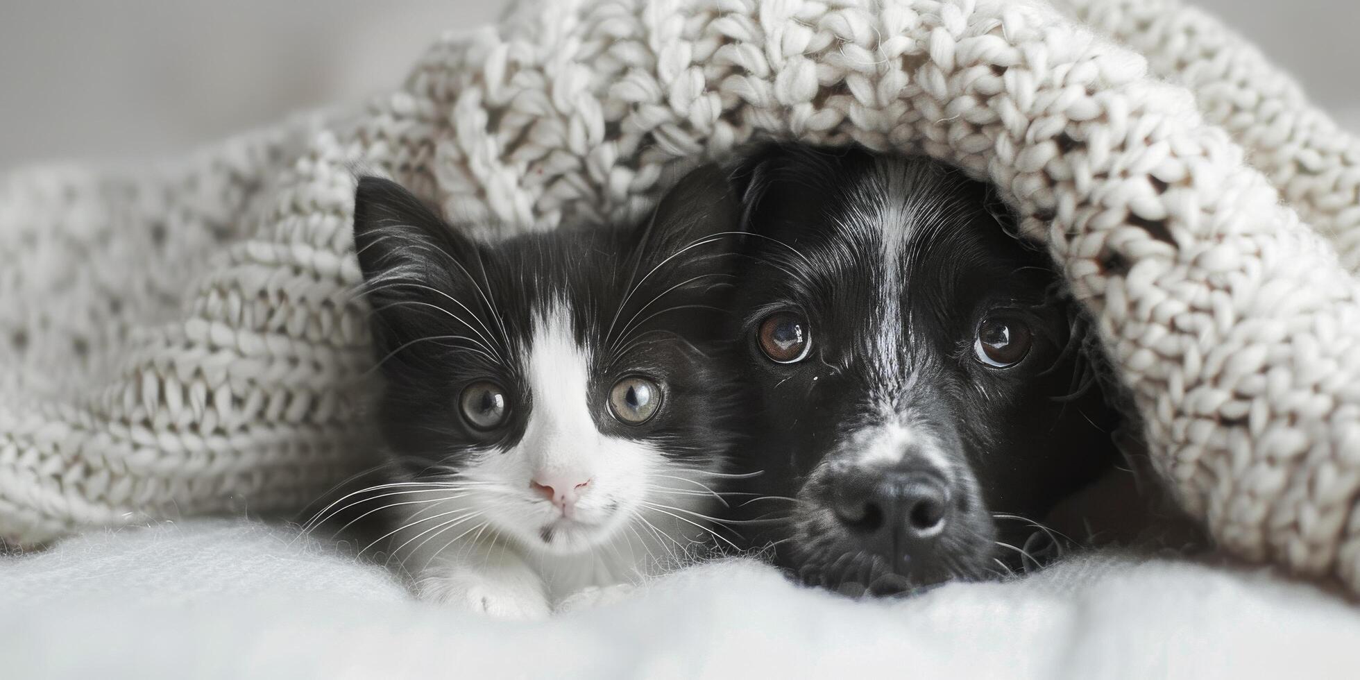 Cozy Black Dog and Gray Cat Snuggling Under a Soft Blanket at Home photo