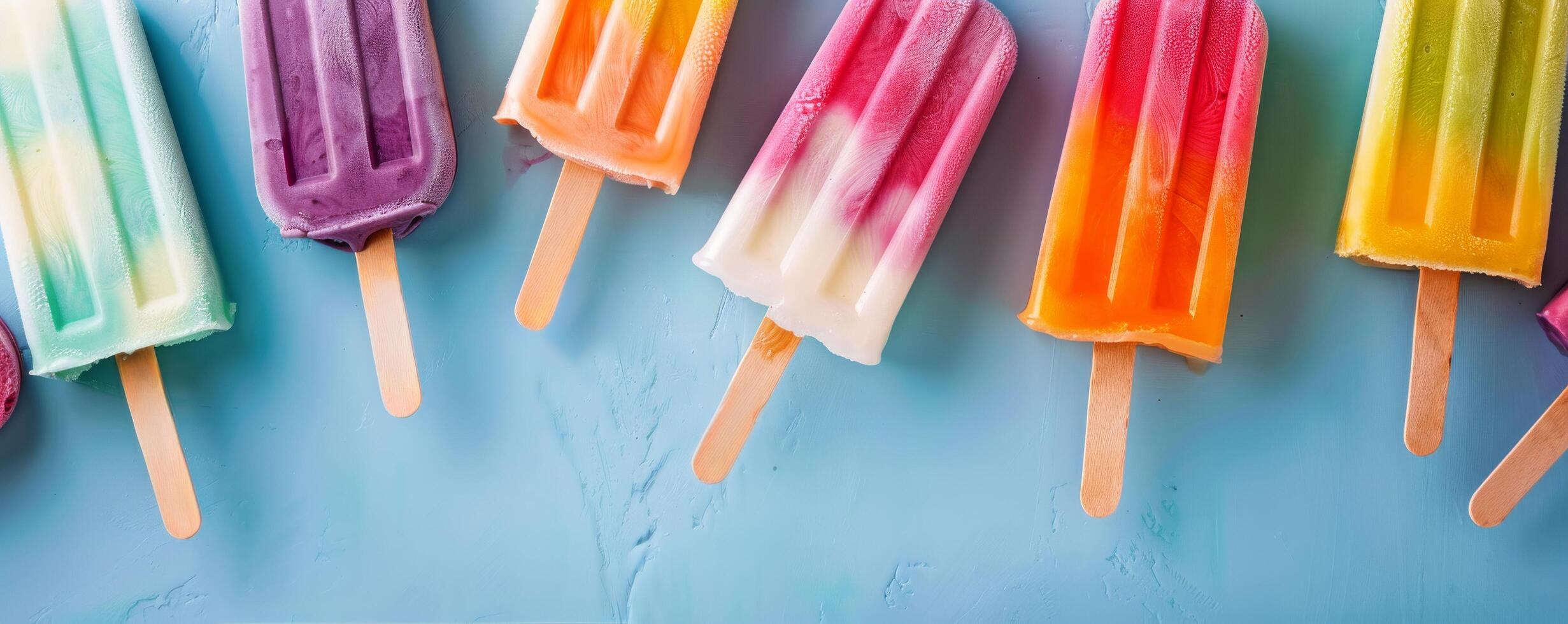 Colorful Ice Cream Popsicles on a Blue Surface With Sprinkles photo