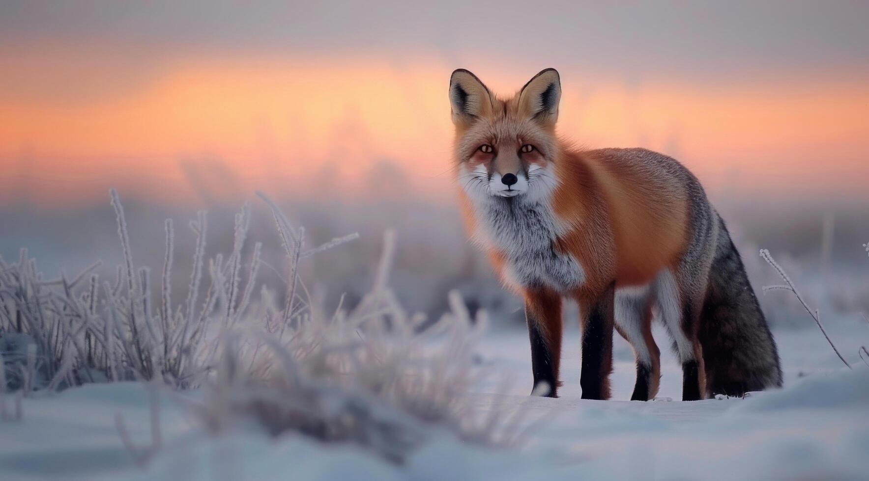 Red Fox Sitting in Snow at Sunrise in Winter Landscape photo