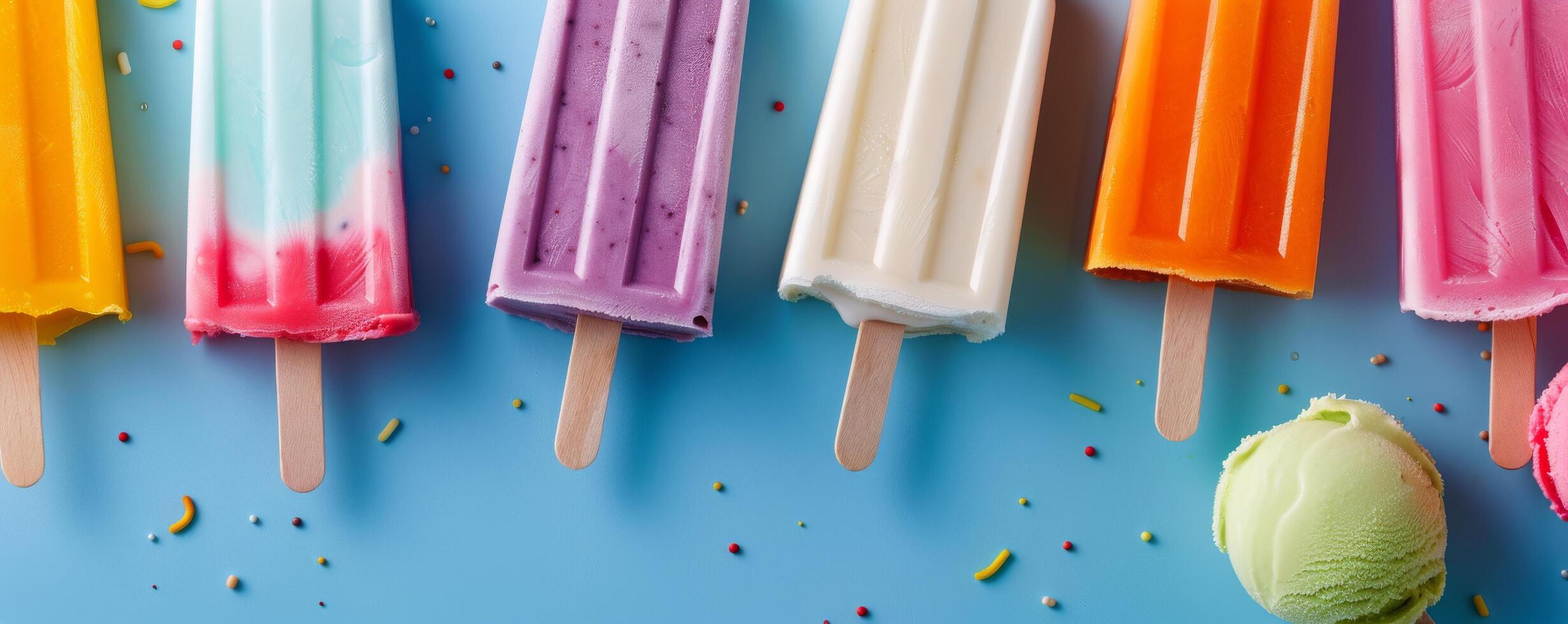 Colorful Ice Cream Popsicles on a Blue Surface With Sprinkles photo