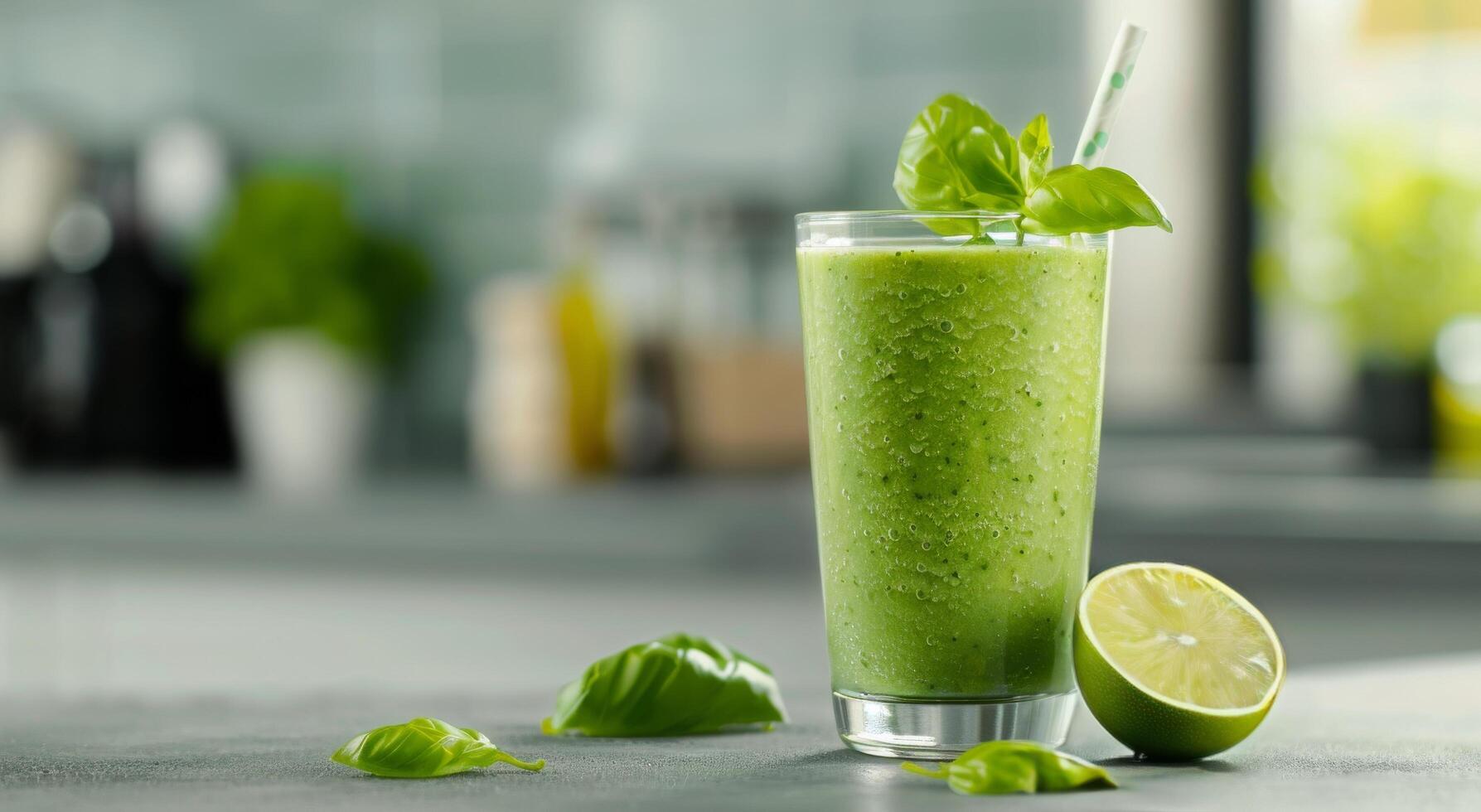 Refreshing Green Smoothie With Lime and Basil on Kitchen Counter photo