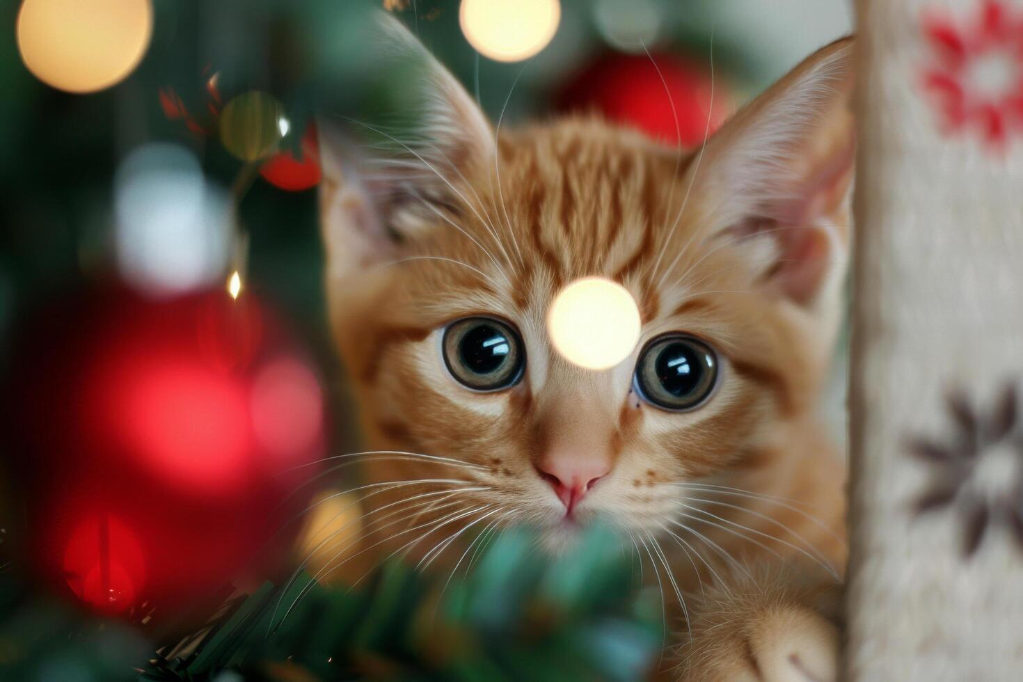 Orange Kitten Playfully Hiding Under Christmas Tree With Sparkling Lights photo