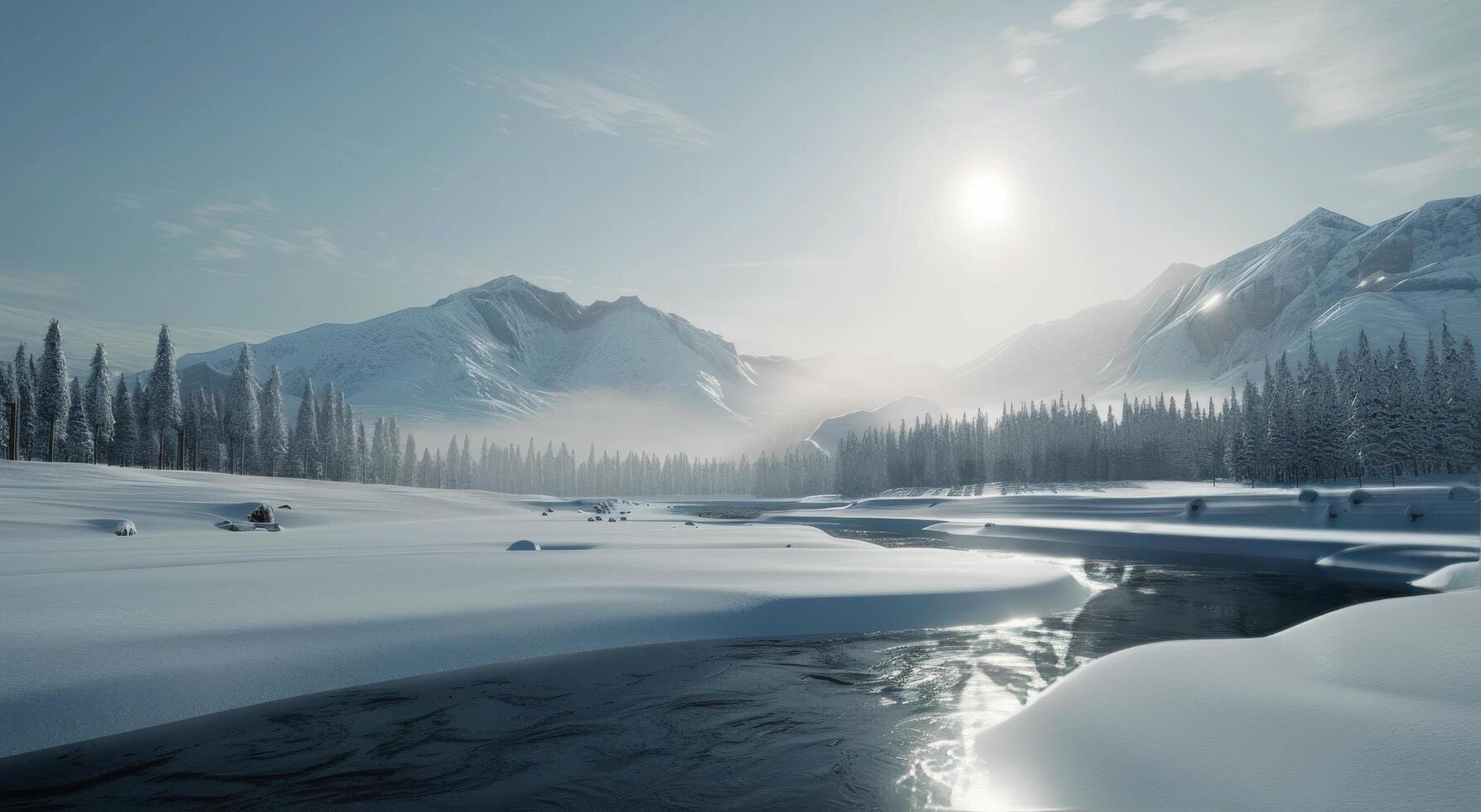 Serene Winter Landscape With Snow-Covered Mountains and Frozen River at Sunrise photo