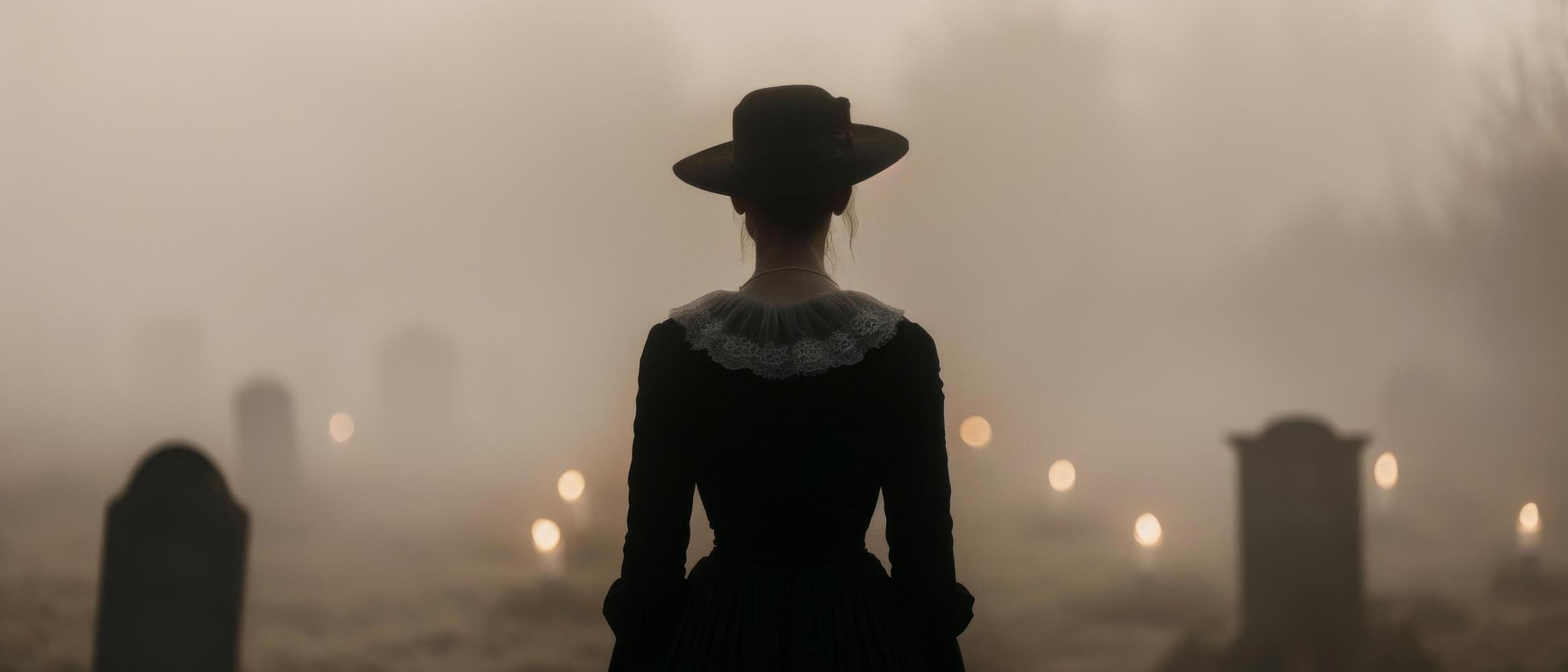 Mysterious Figure in Foggy Graveyard at Dusk photo