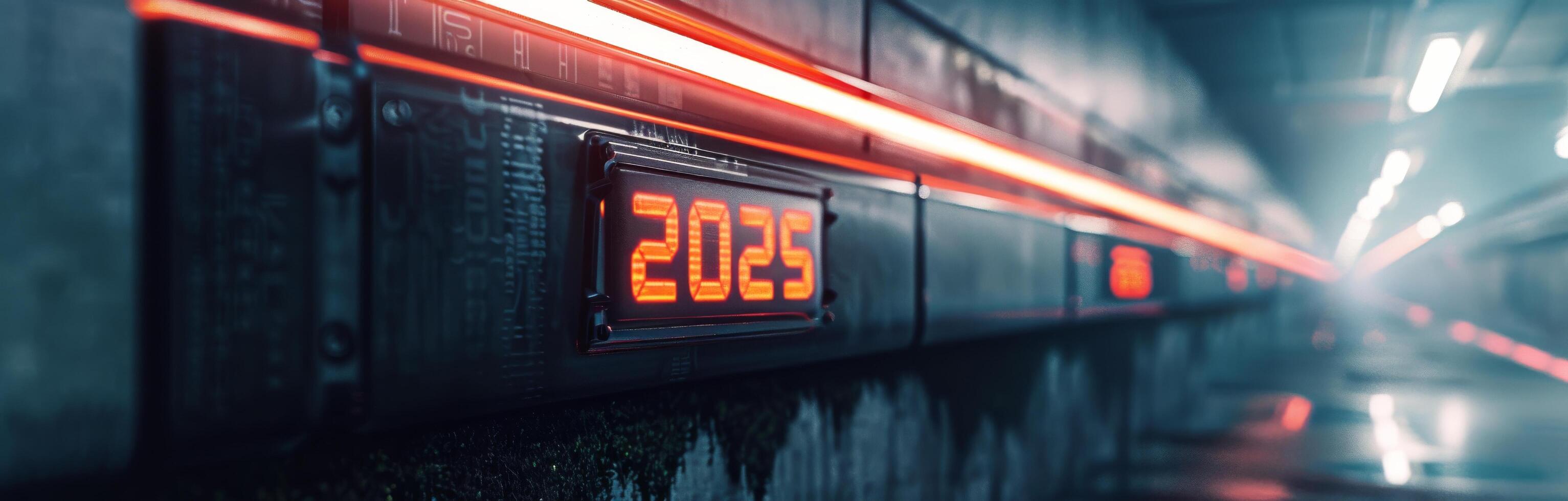 Digital Countdown Timer Displaying 2025 in a Dark, Wet Urban Environment at Night photo