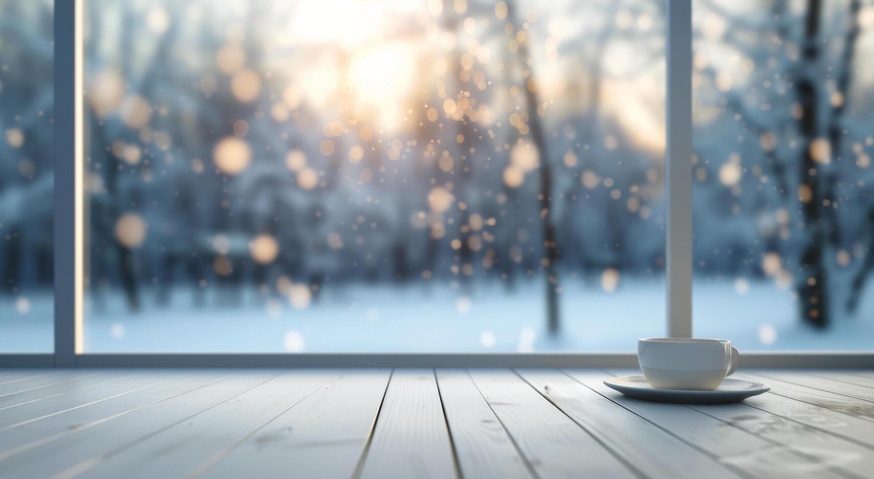 Snow-Covered Landscape at Sunrise Viewed Through Large Window photo
