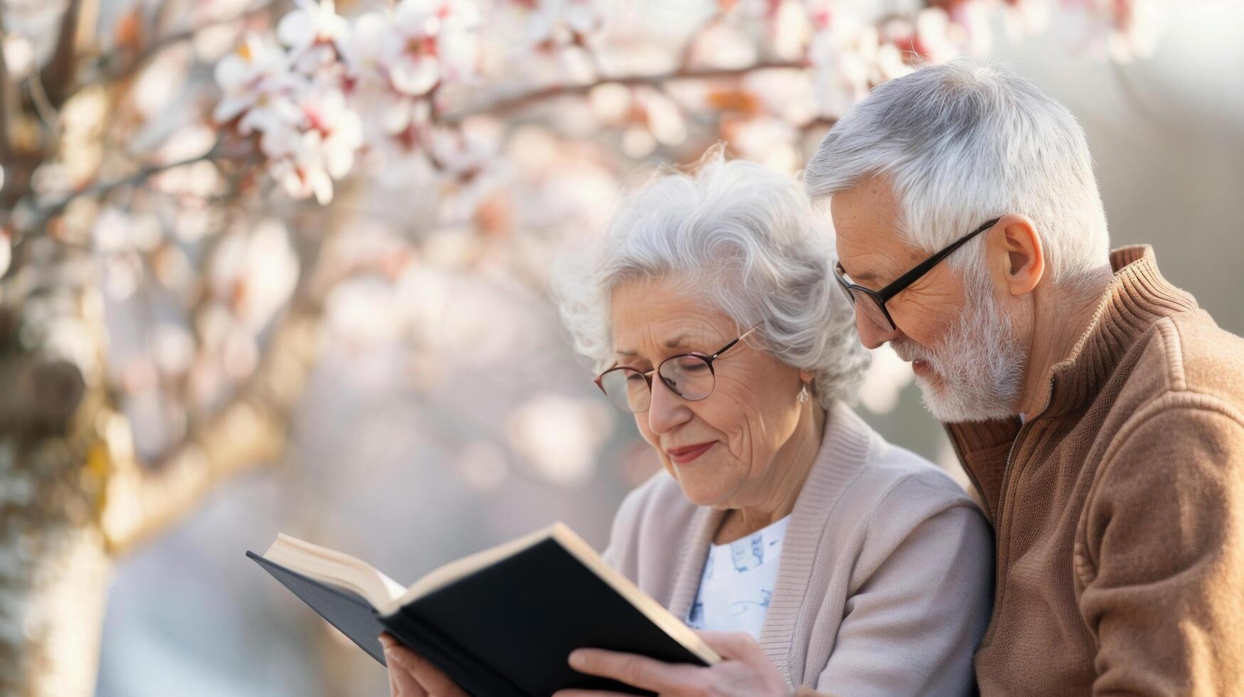 Elderly Couple Reading Together Under Blossoming Cherry Tree in Spring photo