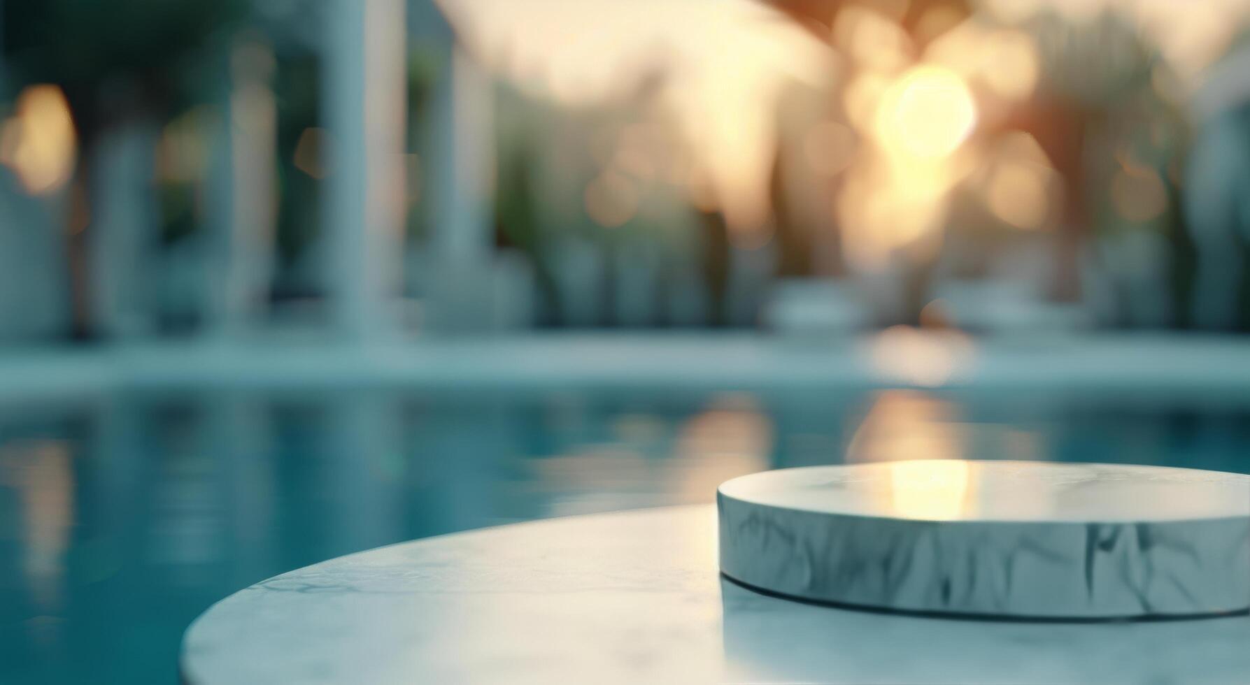 Marble Table Overlooking Tranquil Infinity Pool at Sunset photo