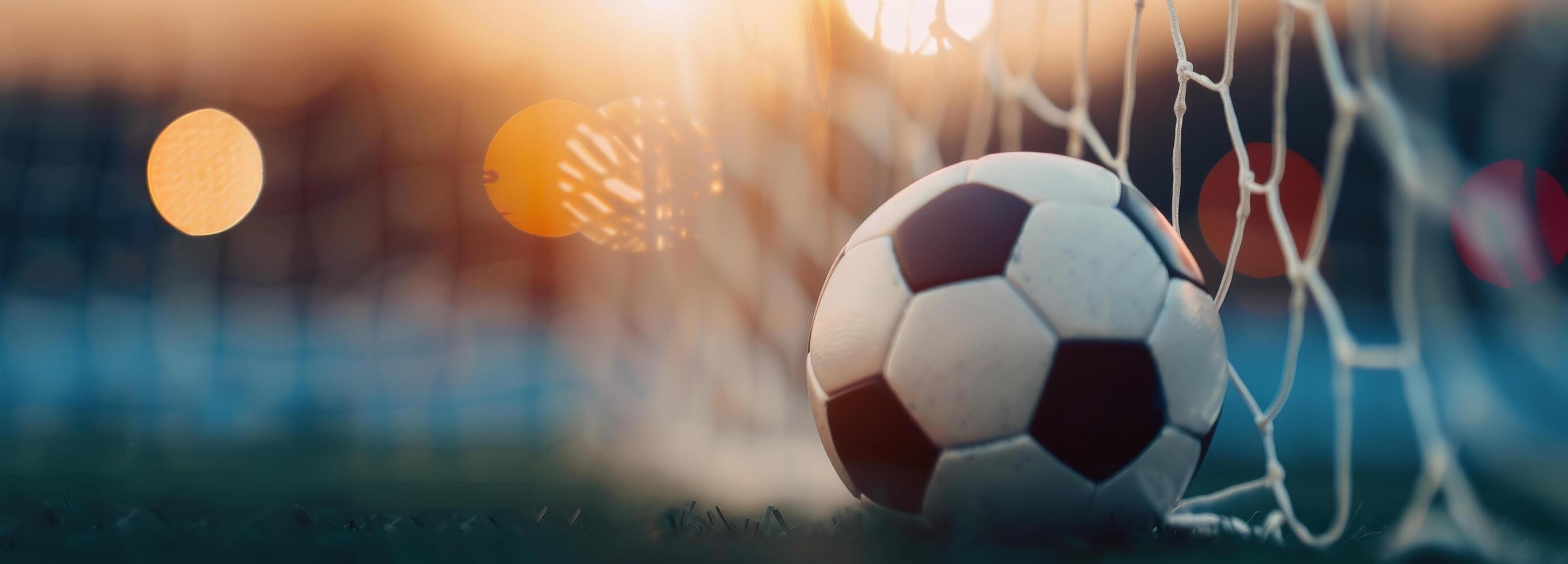 Soccer Ball Nestled in Goal Net at Sunset on a Warm Evening photo