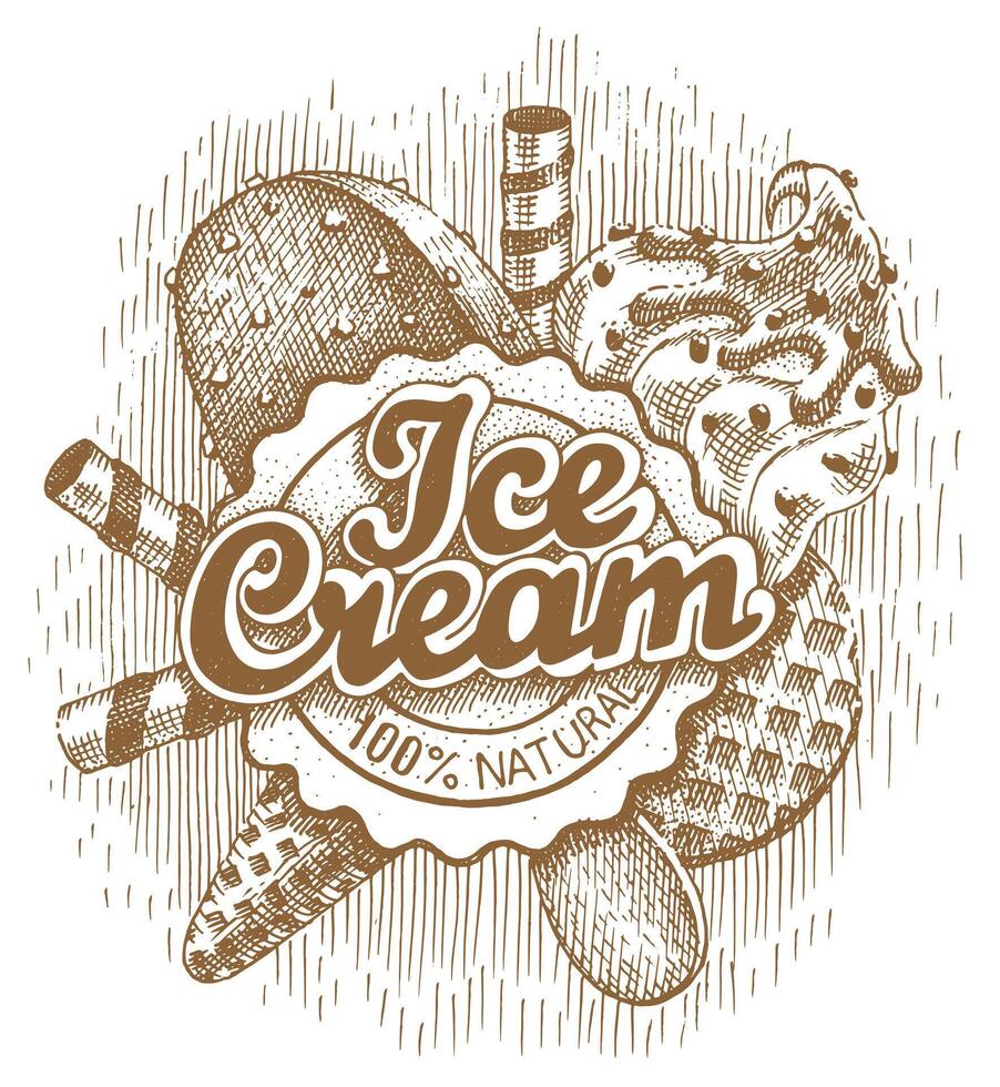 Ice cream emblem. Different types of ice cream drawn by hand vector