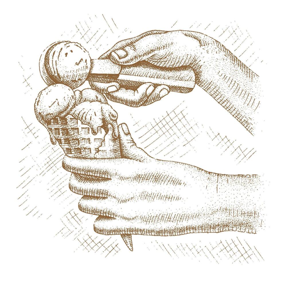 Ice cream in a waffle cone with hands holding a scoop hand drawn vector