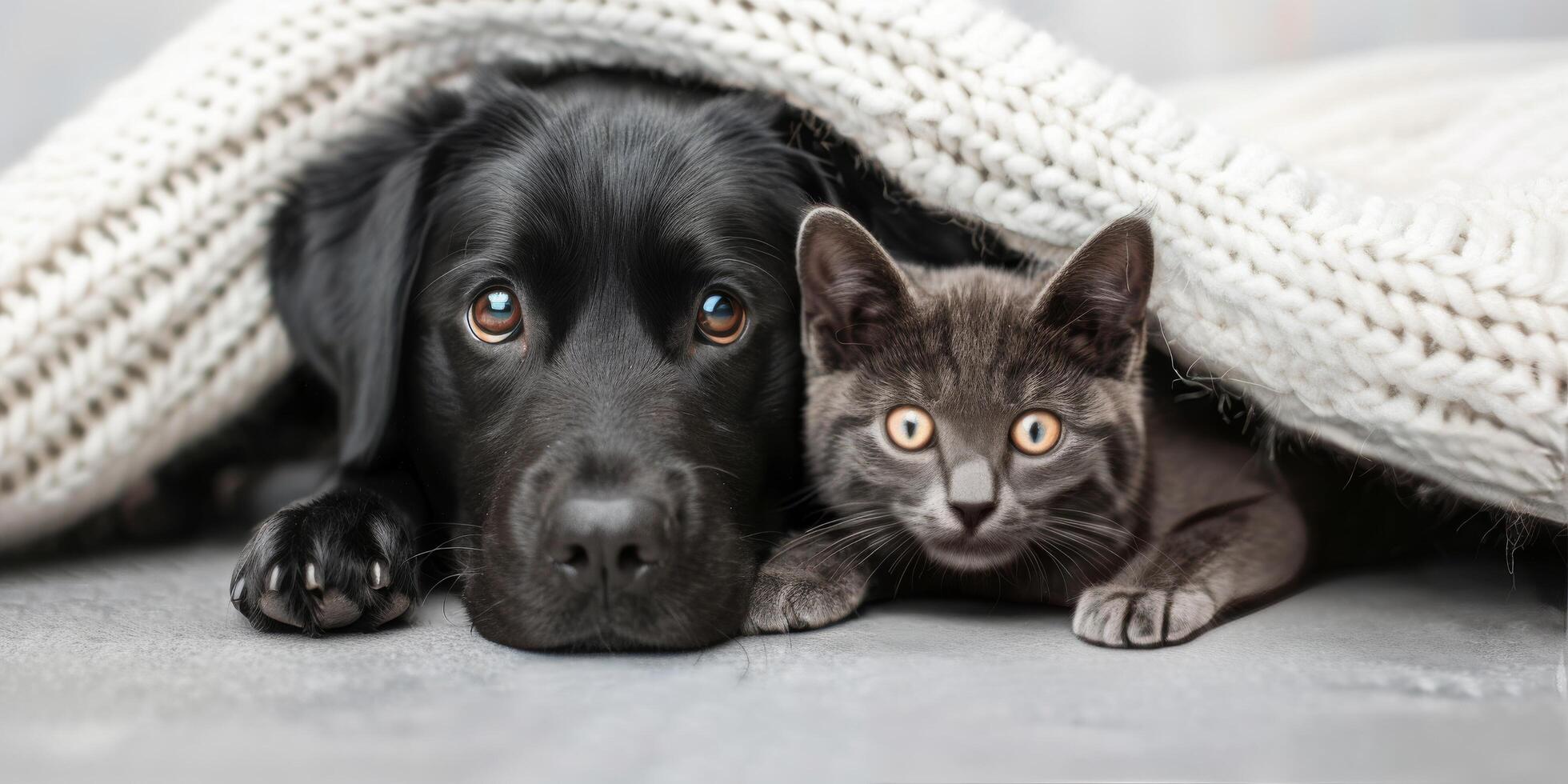 Cozy Black Dog and Gray Cat Snuggling Under a Soft Blanket at Home photo