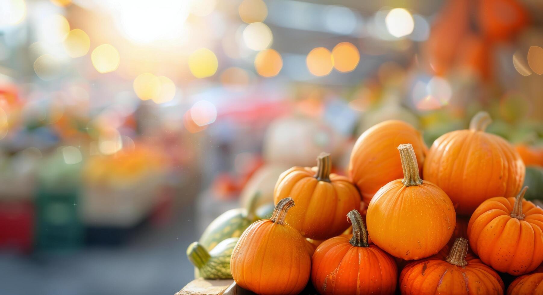Colorful Pumpkins Displayed at a Market With Ambient Bokeh Lights in the Background photo