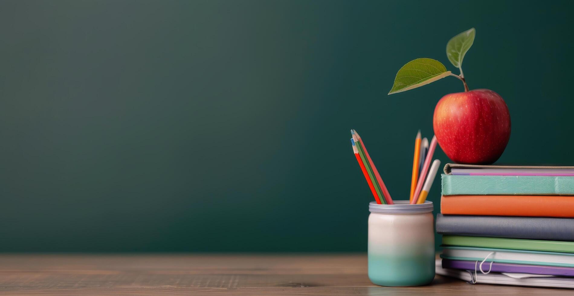 Red Apple and Colorful Pencils on Stacked Books Against a Green Wall photo