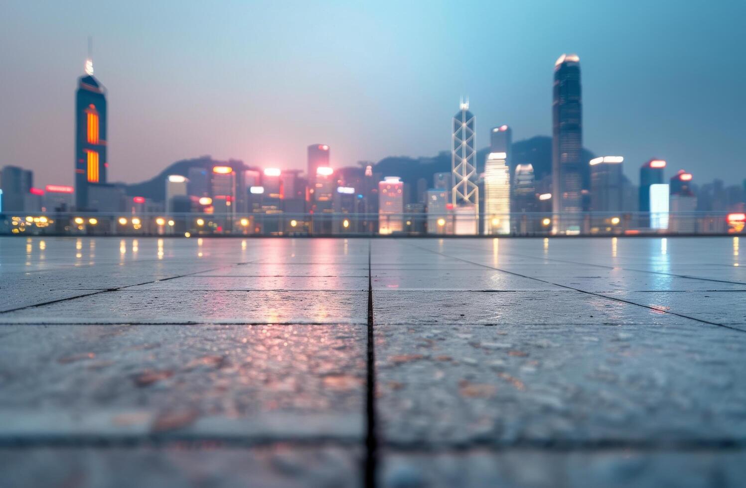 Vibrant Hong Kong Skyline at Dawn Reflected on Empty Waterfront Promenade photo