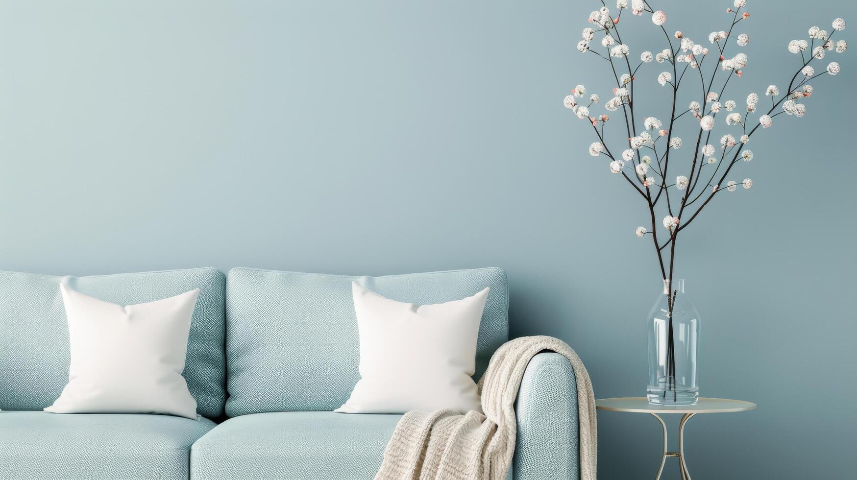 Elegant Living Room Decor With Soft Couch and Floral Arrangement on Table photo