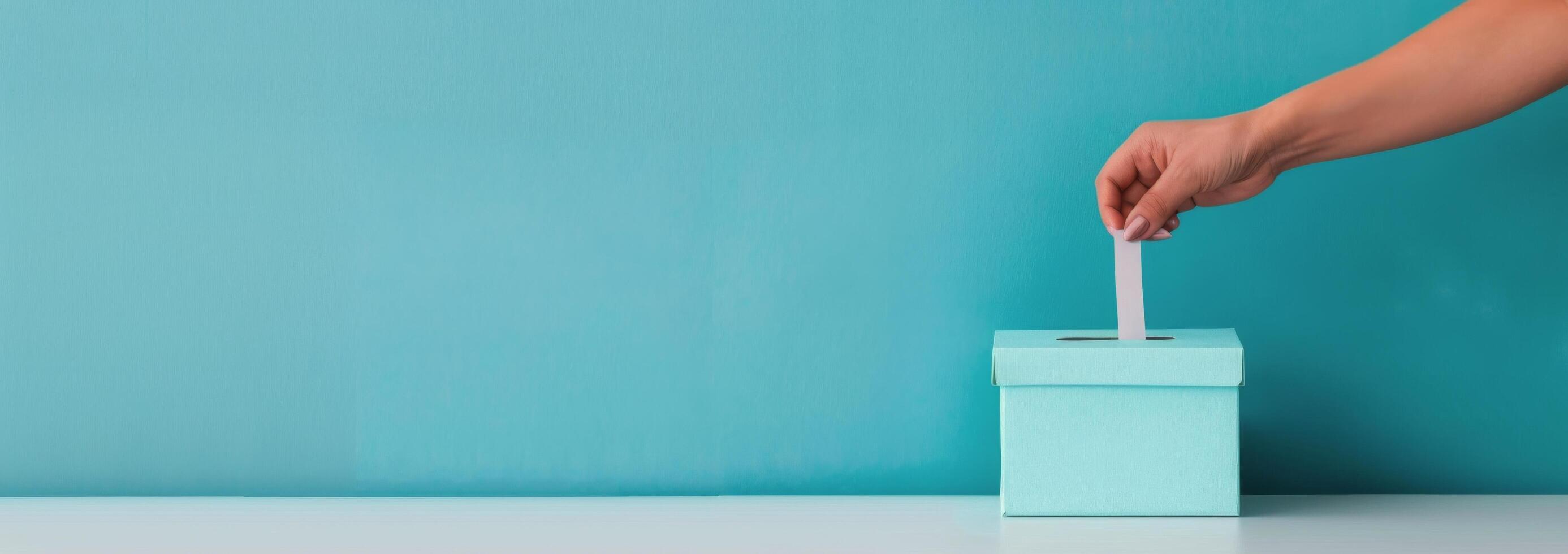 Hand Inserting Ballot Into Light Blue Box Against Teal Background photo