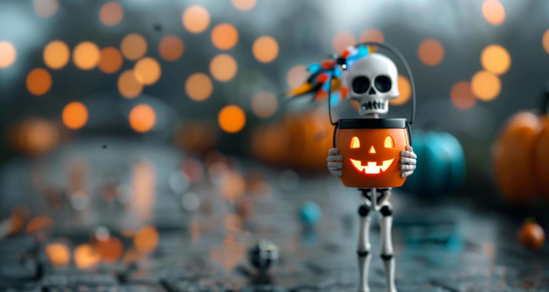Miniature Skeleton Holding Pumpkin Bucket in Festive Halloween Setting photo
