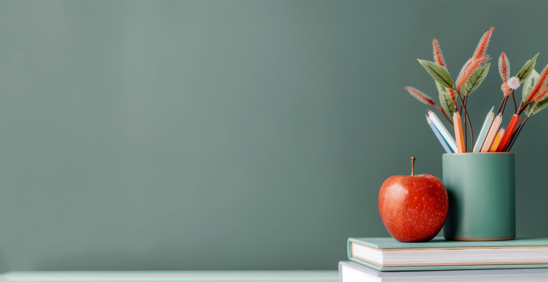 Red Apple and Colorful Pencils on Stacked Books Against a Green Wall photo