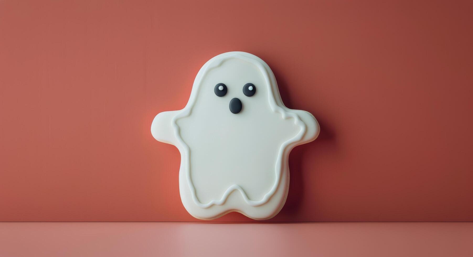 Cute Ghost-Shaped Cookie on Red Background for Halloween Celebration photo