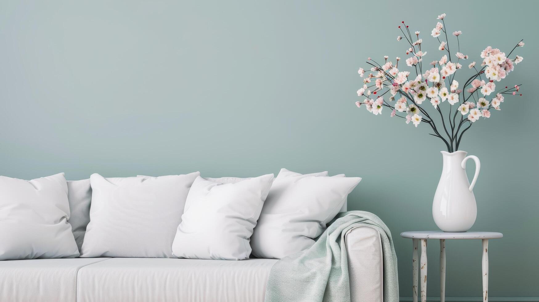Elegant Living Room Decor With Soft Couch and Floral Arrangement on Table photo