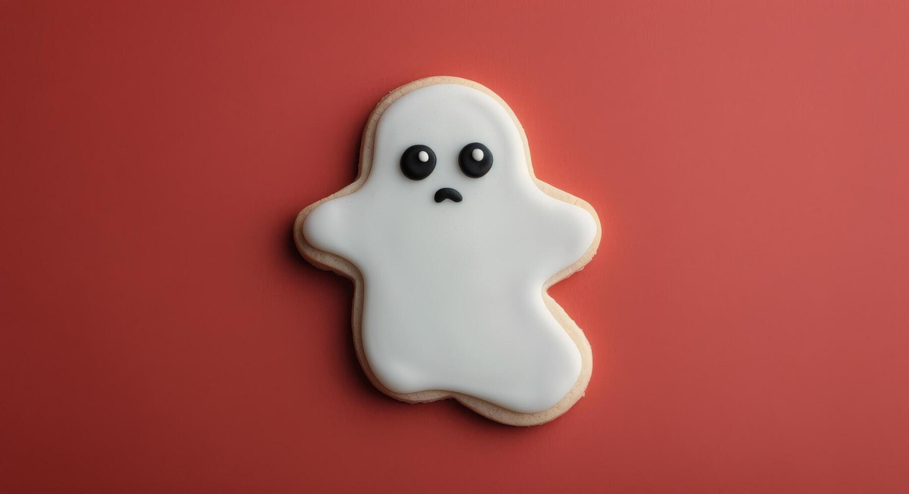 Cute Ghost-Shaped Cookie on Red Background for Halloween Celebration photo