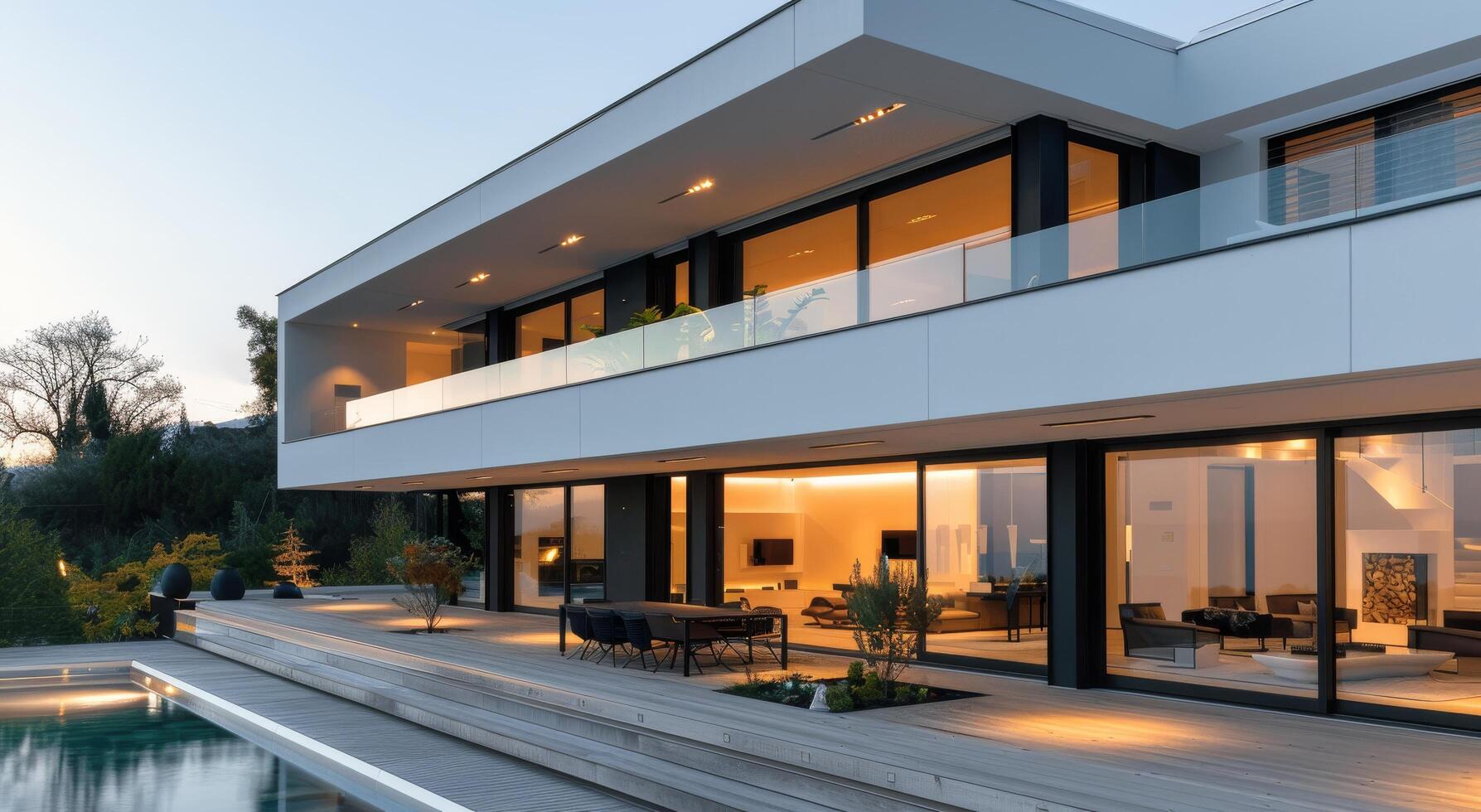 Modern Architectural Home With Pool at Dusk in Tranquil Setting photo