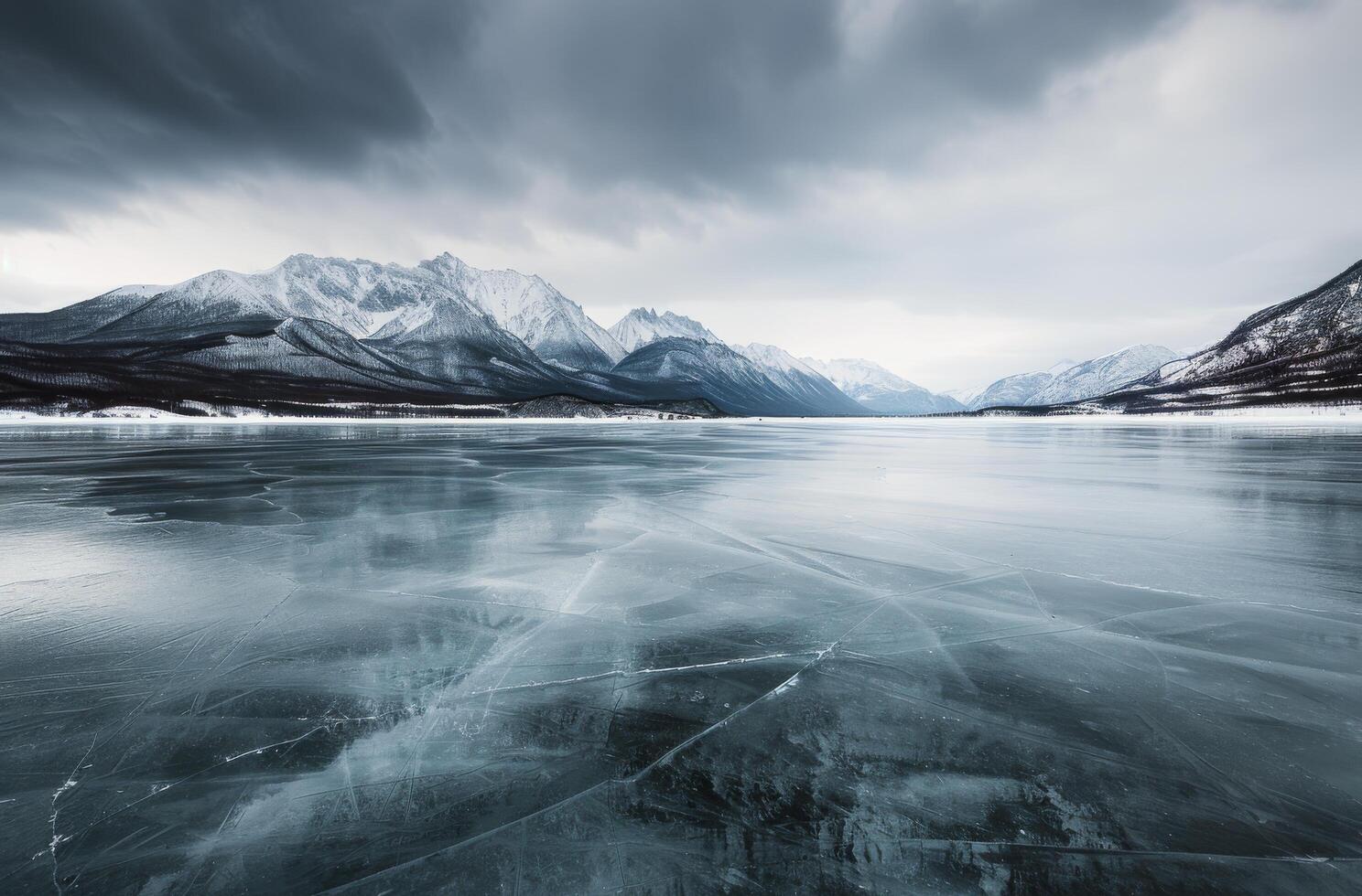 Frozen Lake With Cracked Ice Under Dramatic Cloudy Sky In Winter photo