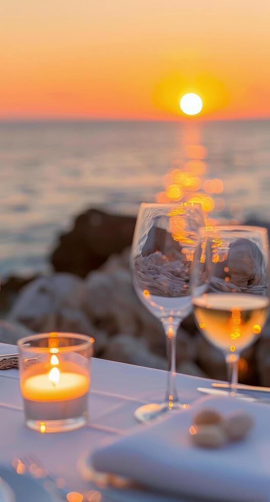 Romantic Sunset Dinner With Wine Glasses by the Ocean photo