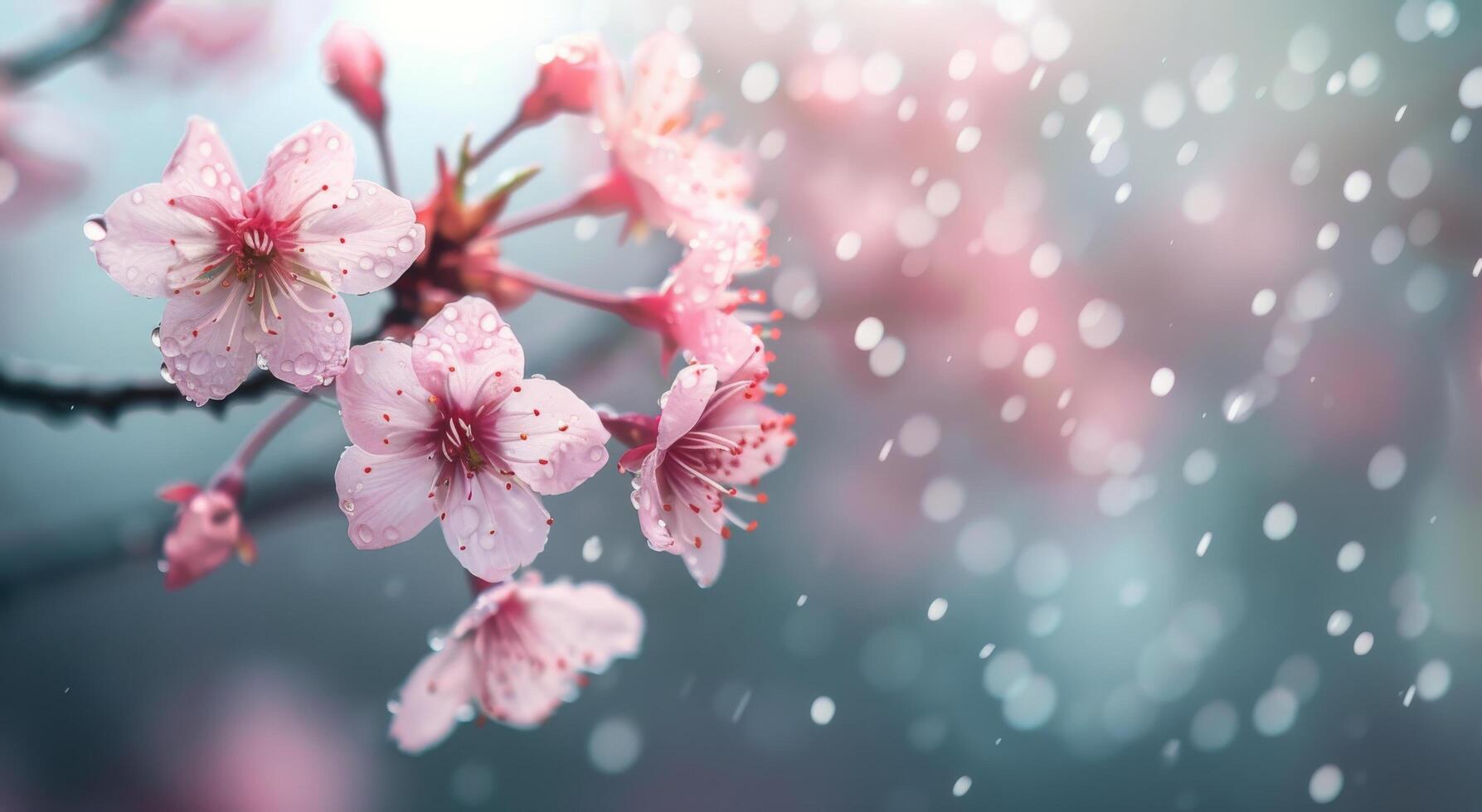 Cherry Blossom Branches Covered in Soft Snowflakes in a Serene Spring Afternoon photo