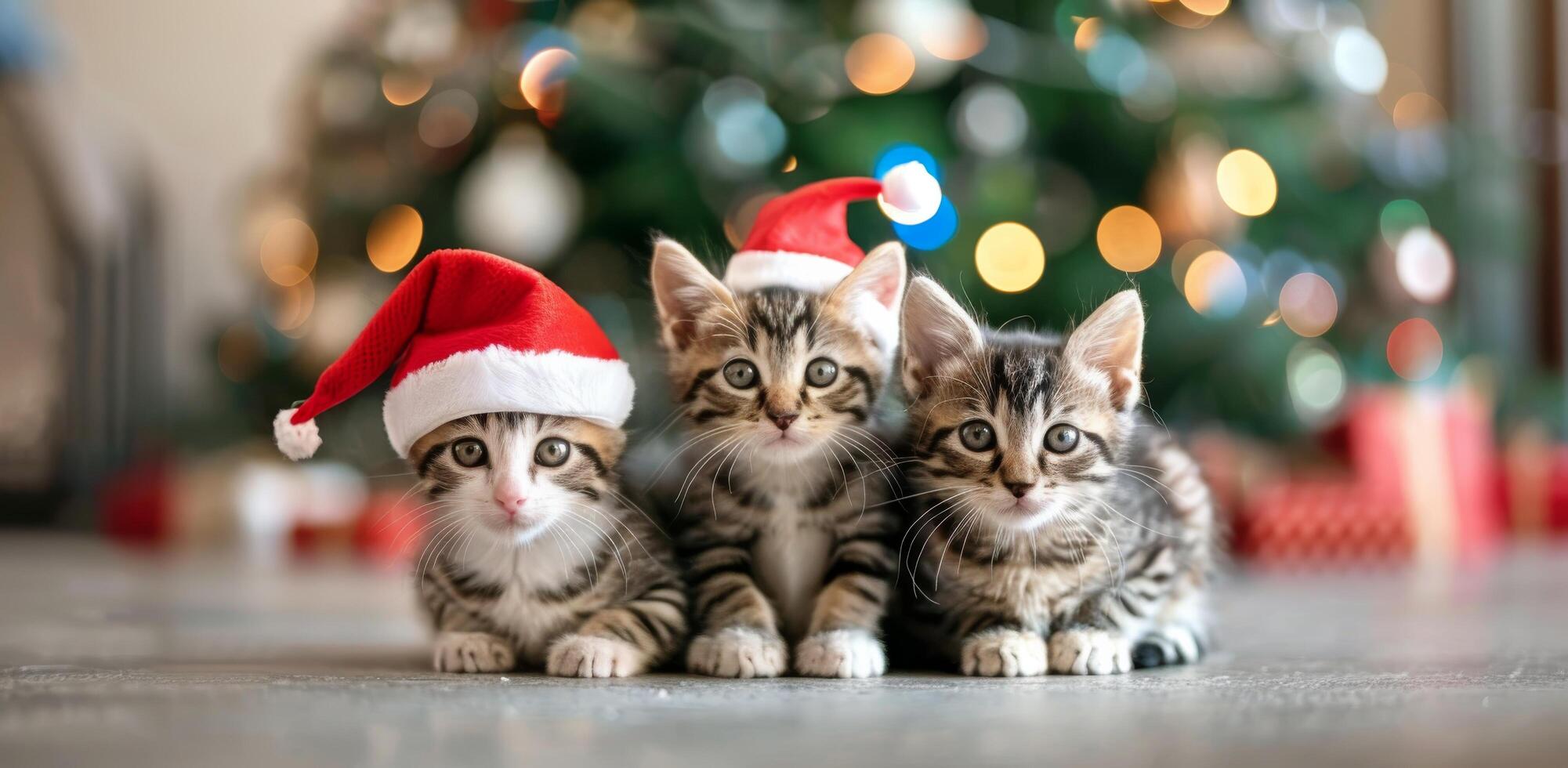 Three Playful Kittens in Christmas Hats Surrounding a Decorated Tree photo