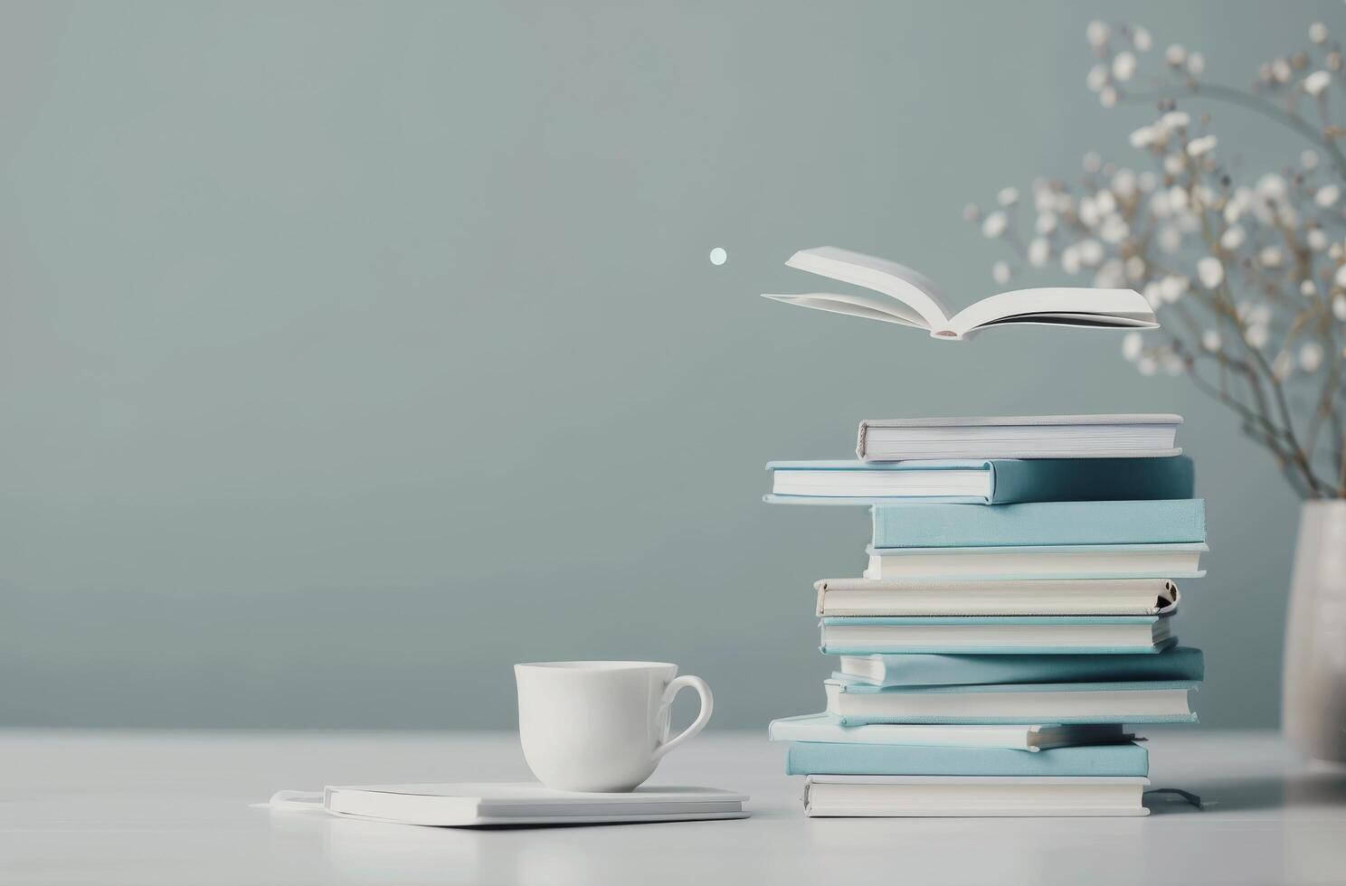 Floating Book Above Stack With Coffee Cup and Decorative Flowers in Minimalist Setting photo