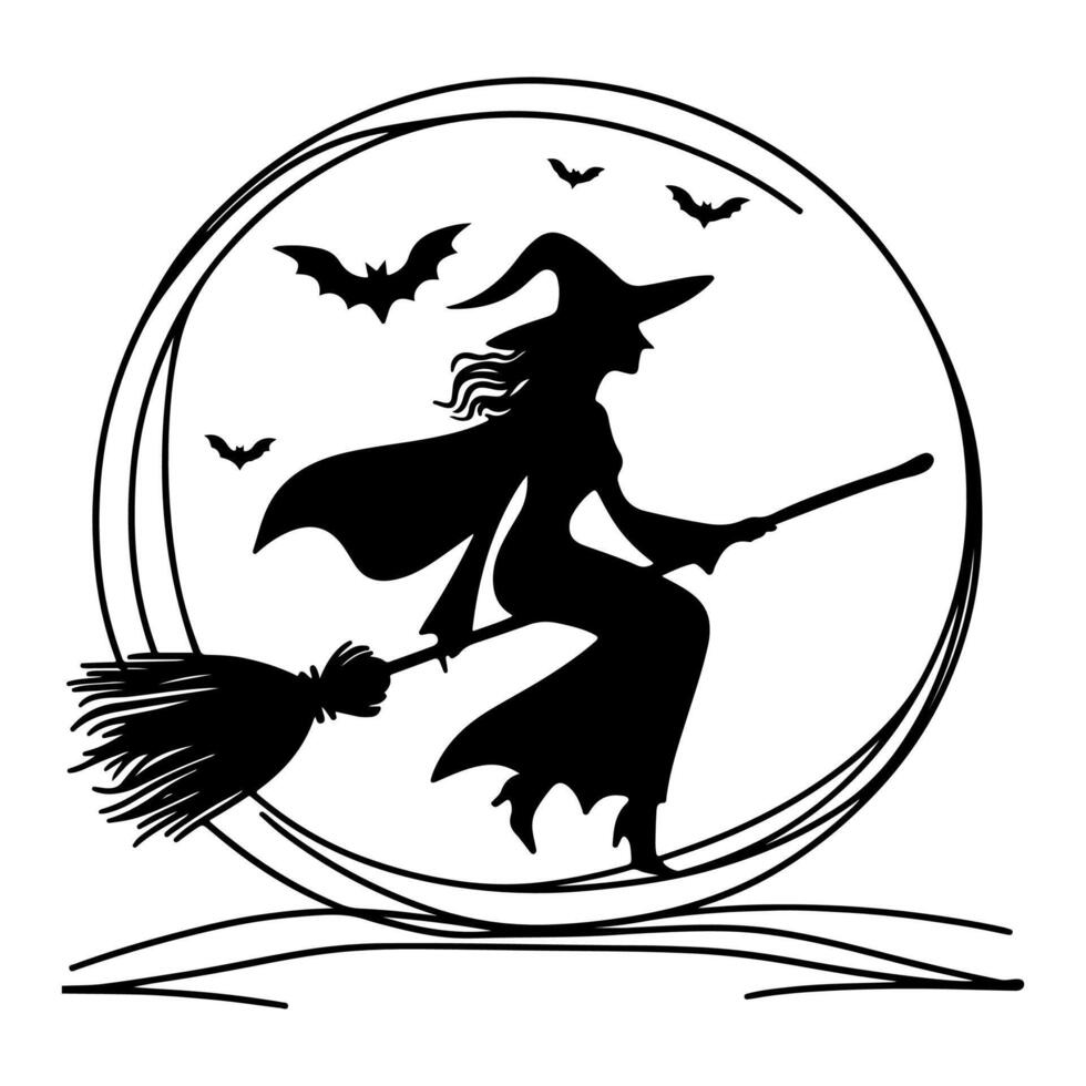 Silhouette witch flying on broomstick black witch silhouette on broom Halloween illustration concept vector