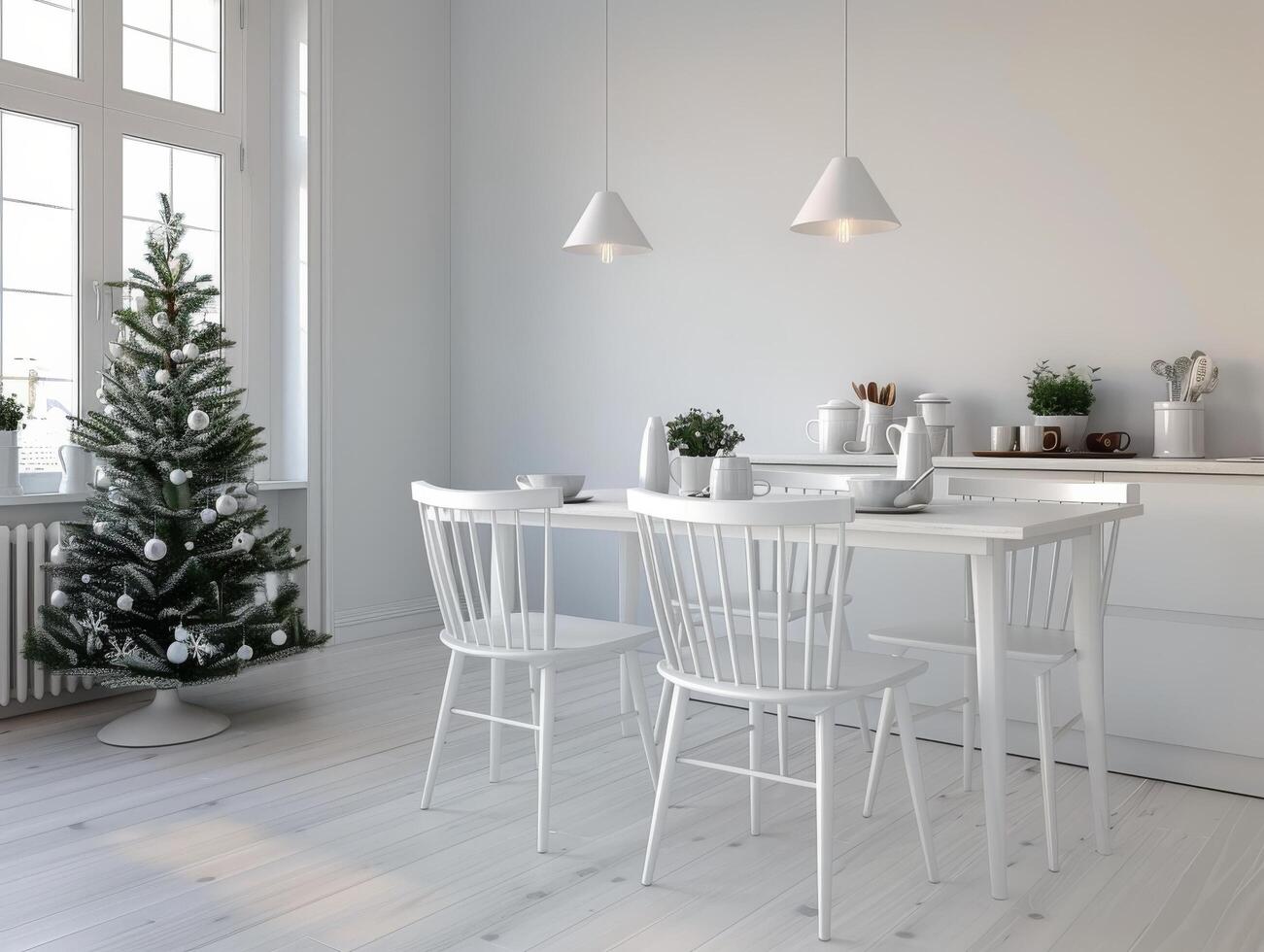 Modern Kitchen With White Cabinets And Christmas Tree Decorated For The Holidays photo