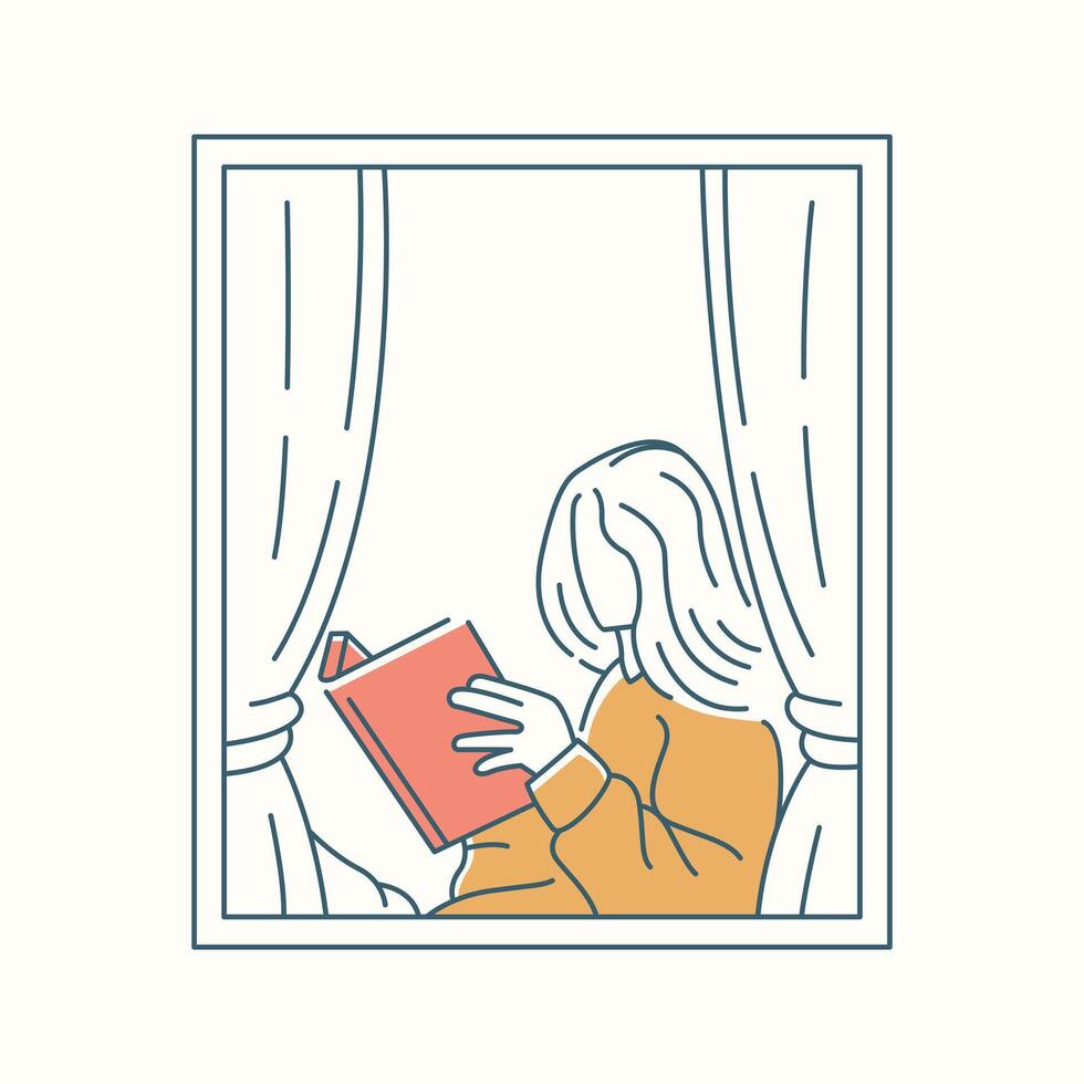 Girl Reading a Book Behind the Curtains at Home vector